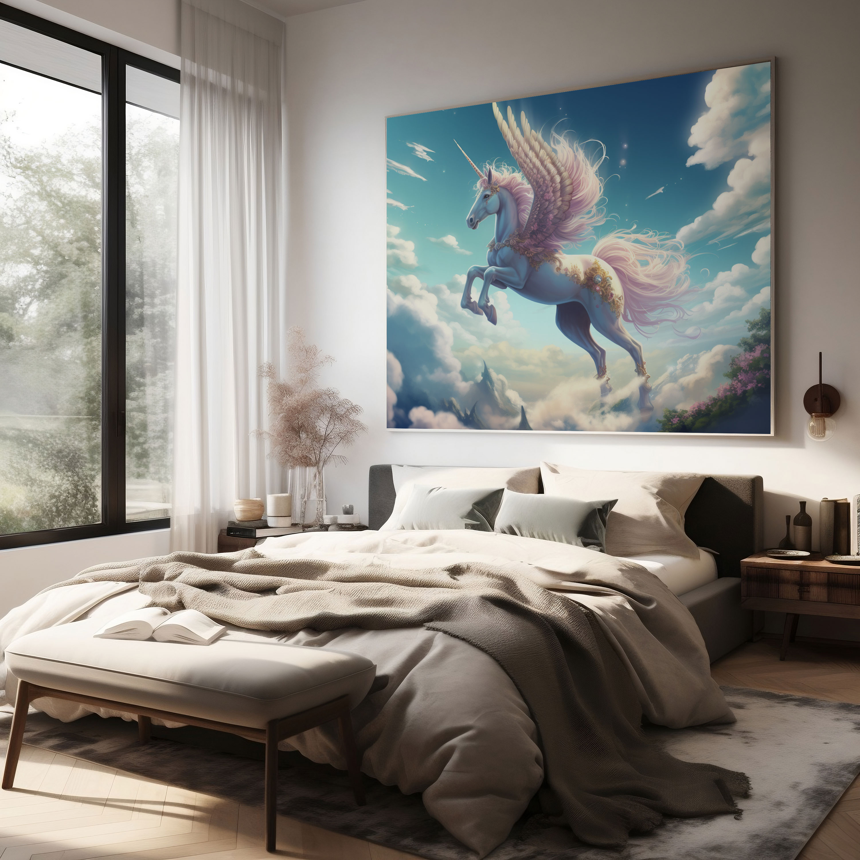 Magical Unicorn Canvas Print - Soaring Through A Sky Of Fluffy White Clouds - Unicorn, Wall Art, Imagination, Wall Decoration