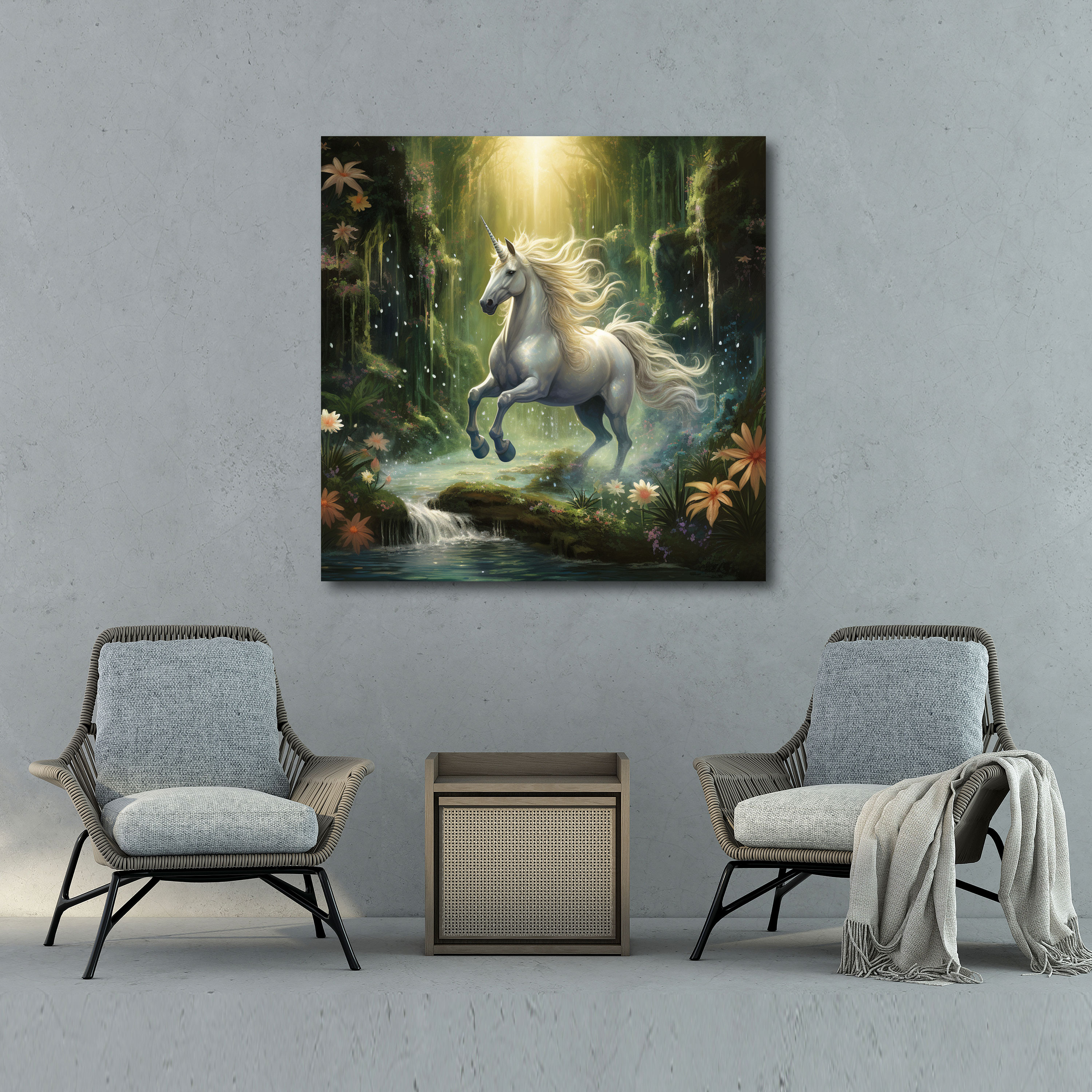 Whimsical Unicorn Canvas Print - Dancing Under A Sparkling Waterfall - Unicorn, Sparkling Waterfall, Wall Art, Home Decoration