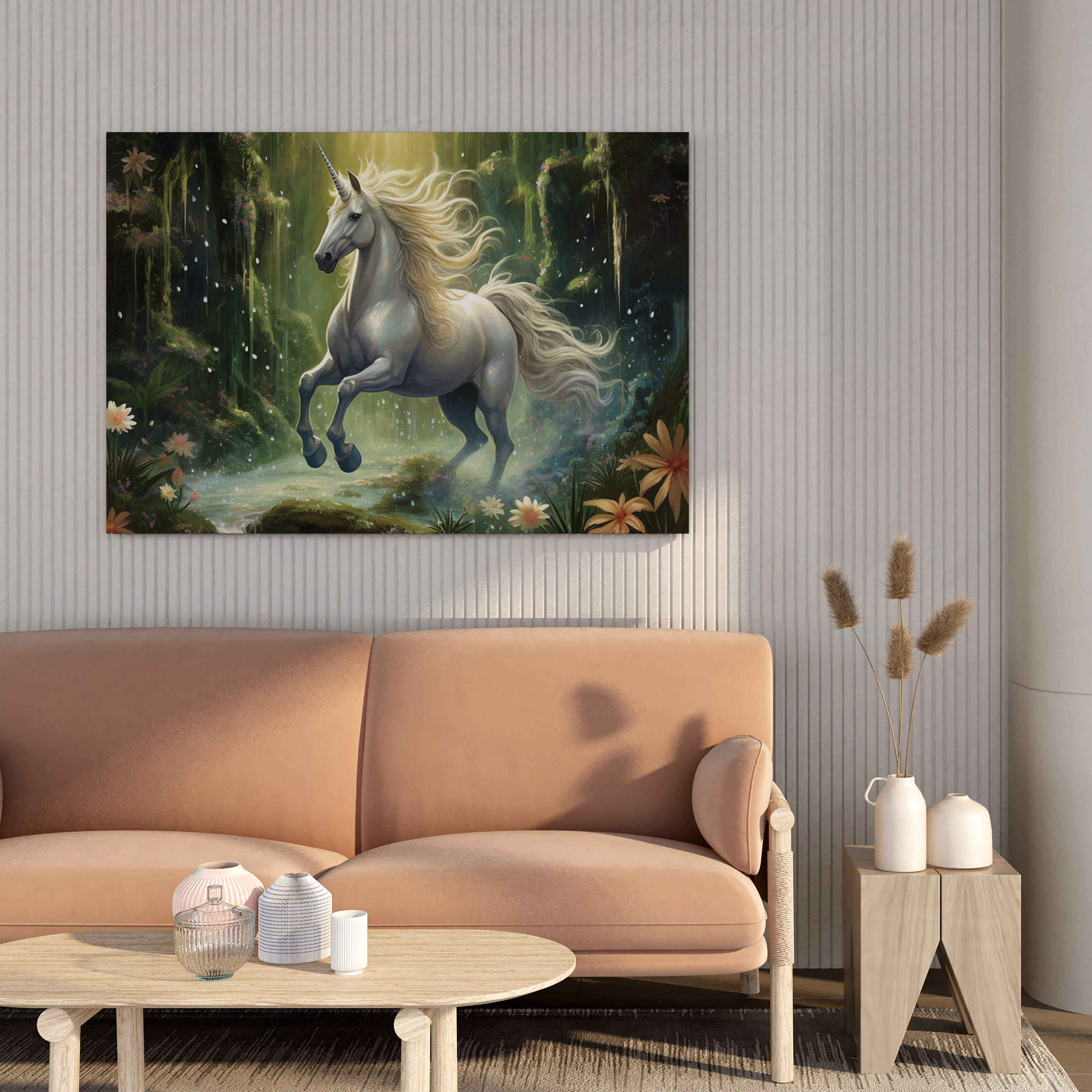 Whimsical Unicorn Canvas Print - Dancing Under A Sparkling Waterfall - Unicorn, Sparkling Waterfall, Wall Art, Home Decoration
