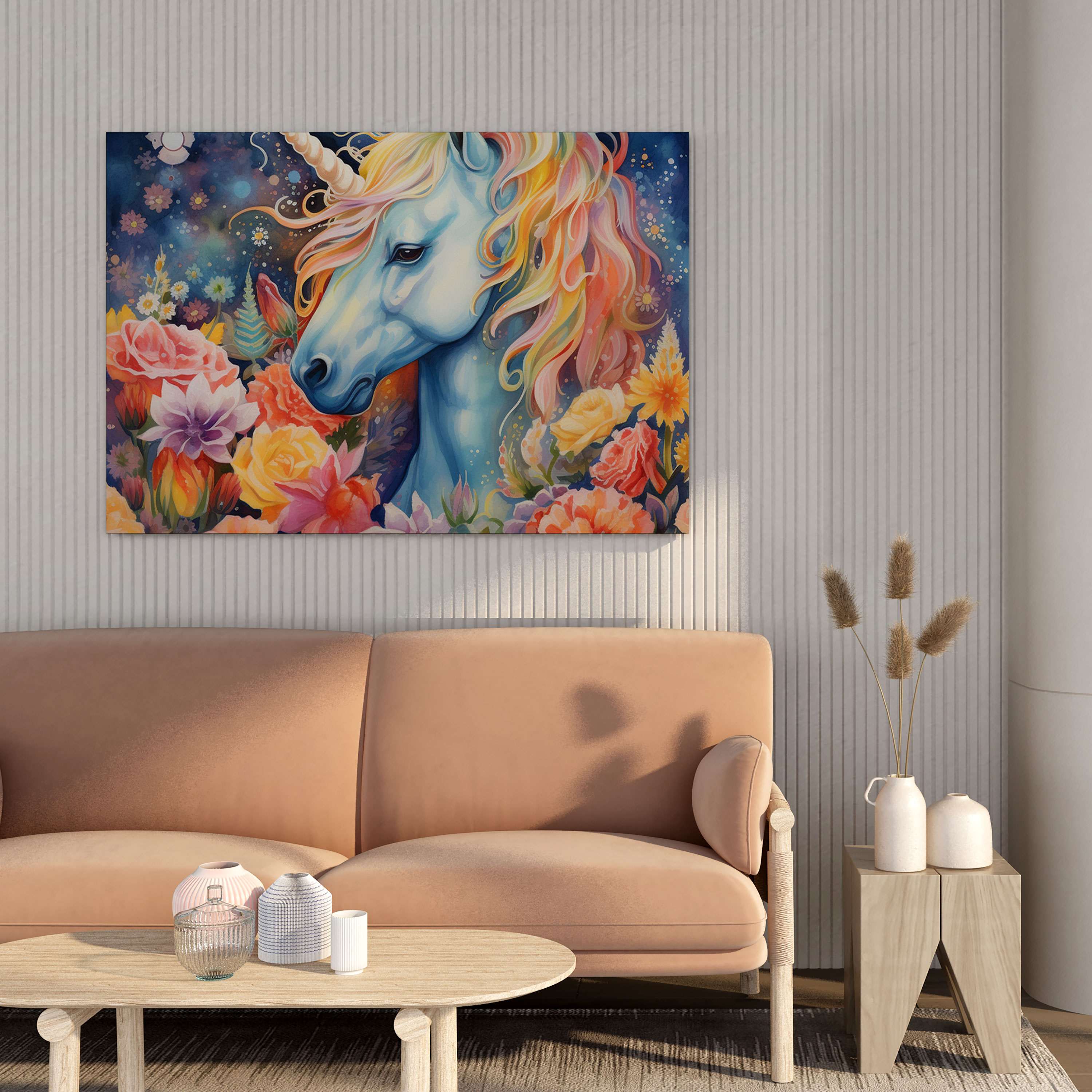 Unicorn Canvas Print - Whimsical Watercolor Wall Art - Unicorn, Vibrant Flowers, Whimsical, Home Decoration