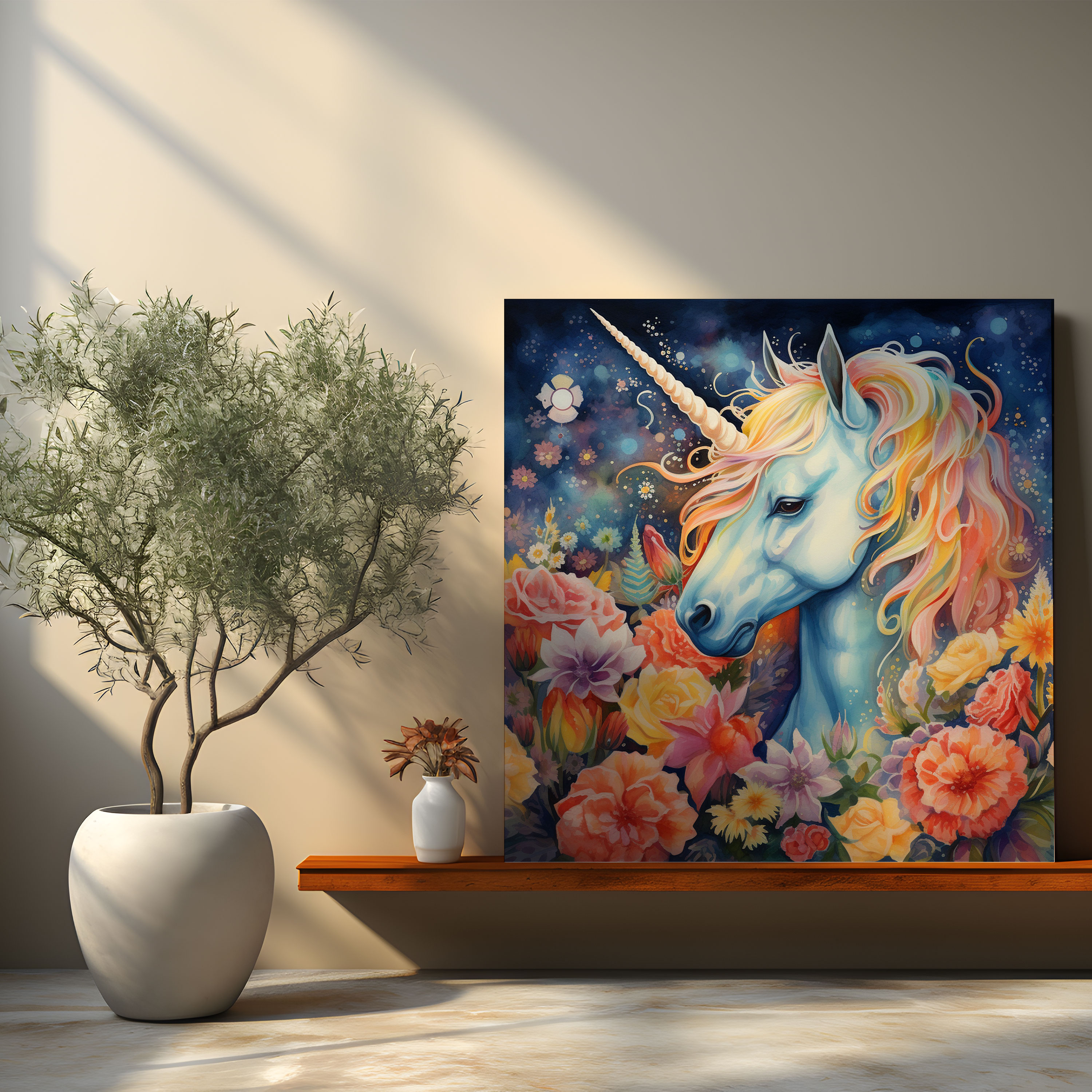 Unicorn Canvas Print - Whimsical Watercolor Wall Art - Unicorn, Vibrant Flowers, Whimsical, Home Decoration