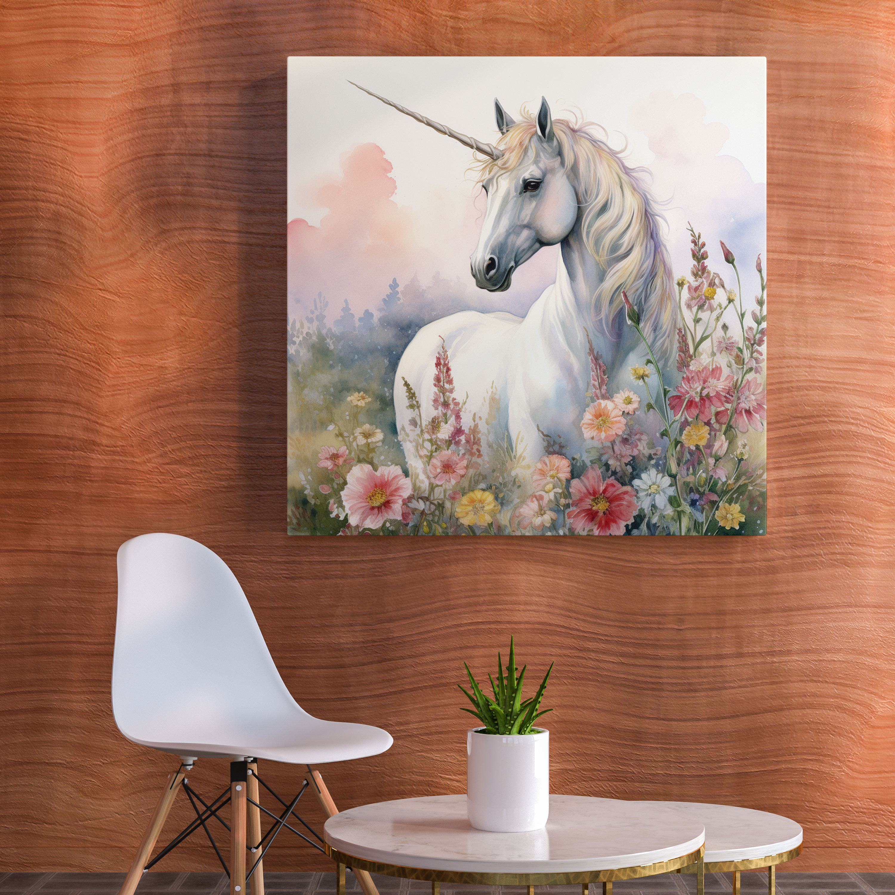 Tekstil Tablosu - Vintage Suluboya Kanvas Tablo - Unicorn Kanvas Tablo Vintage Çiçek Açan Yabani Çiçekler