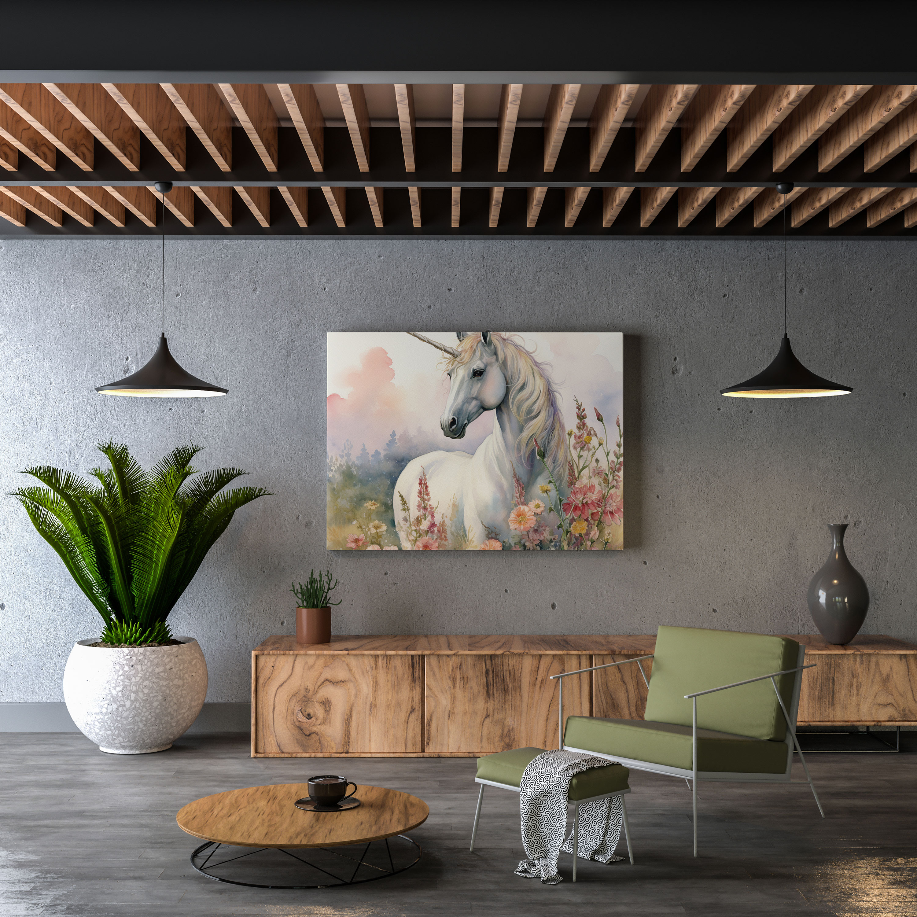 Tekstil Tablosu - Vintage Suluboya Kanvas Tablo - Unicorn Kanvas Tablo Vintage Çiçek Açan Yabani Çiçekler