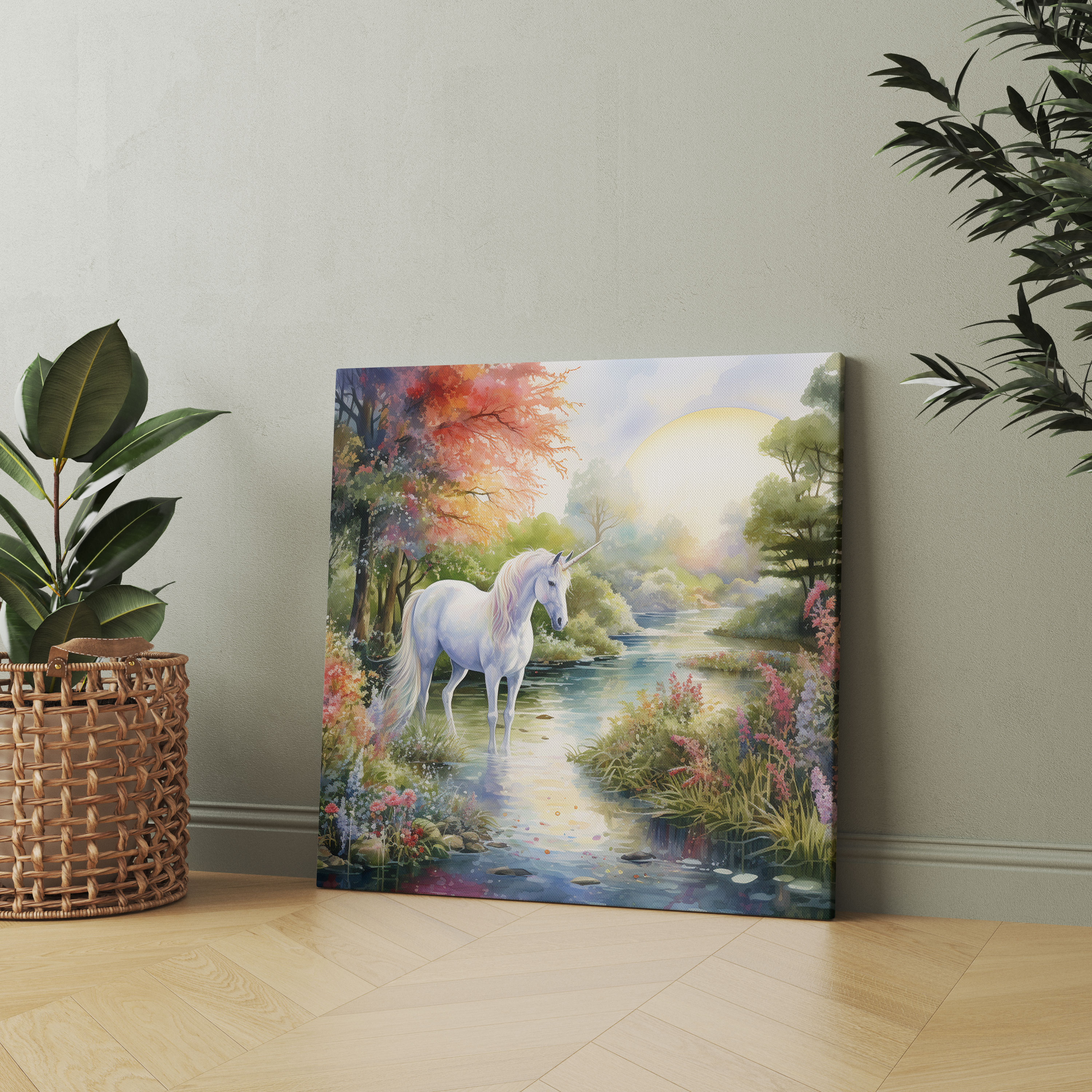 Unicorn Wall Art - Serene Watercolor Canvas Print - Unicorn, Wall Art, Sparkling Lake, Home Decoration