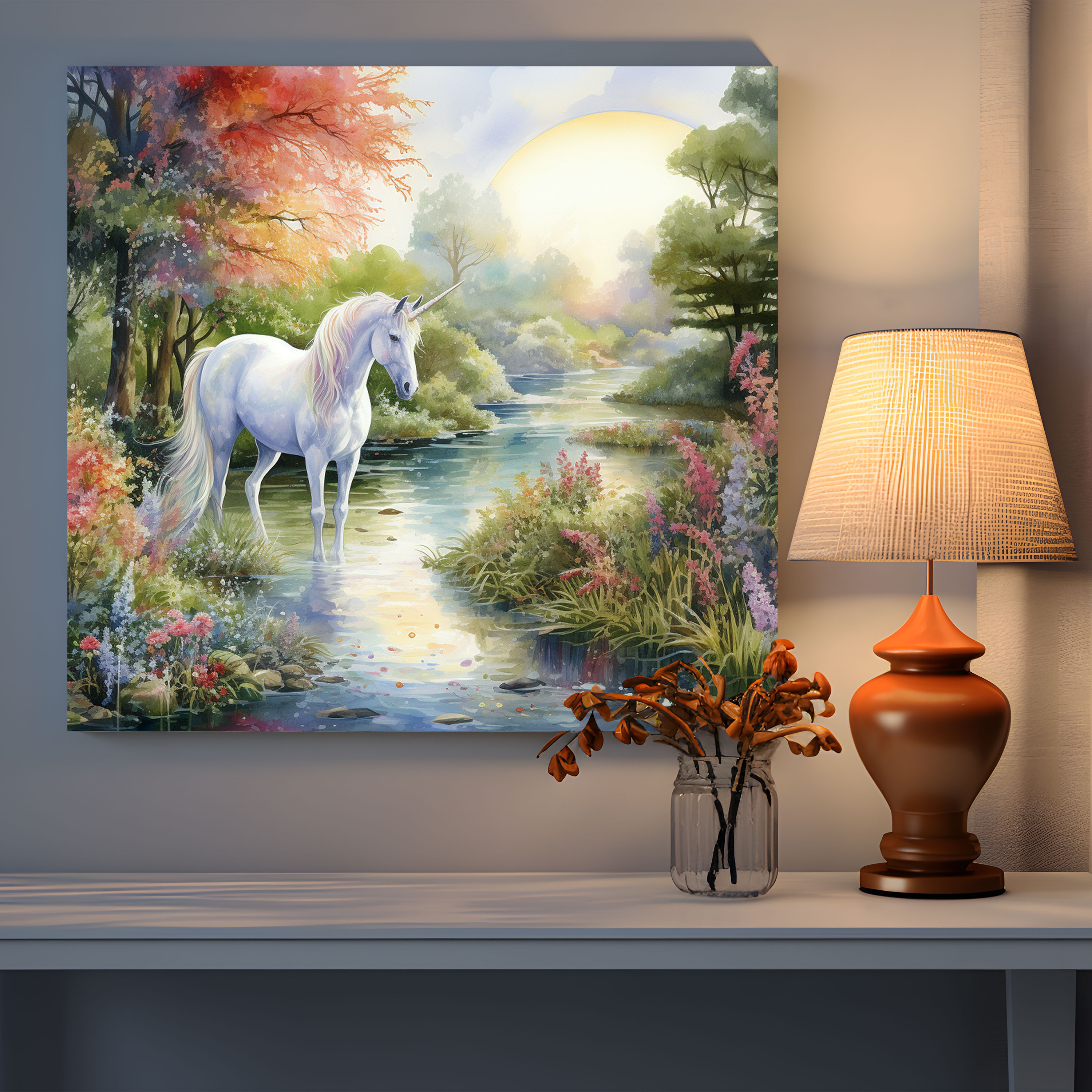 Unicorn Wall Art - Serene Watercolor Canvas Print - Unicorn, Wall Art, Sparkling Lake, Home Decoration