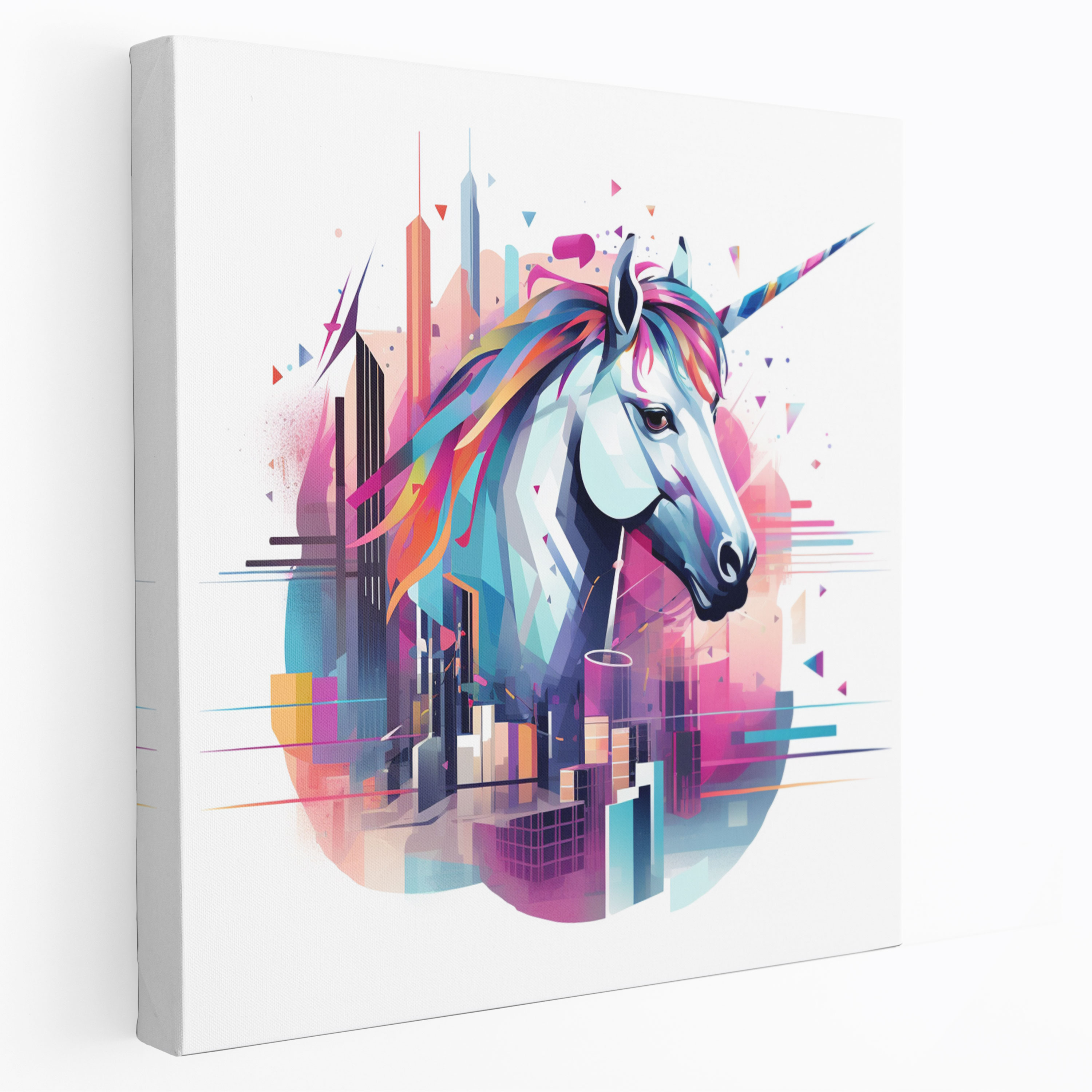 Geometric Unicorn Canvas Print - Unicorn, Futuristic Cityscape, Abstract Digital Illustration, Wall Decoration