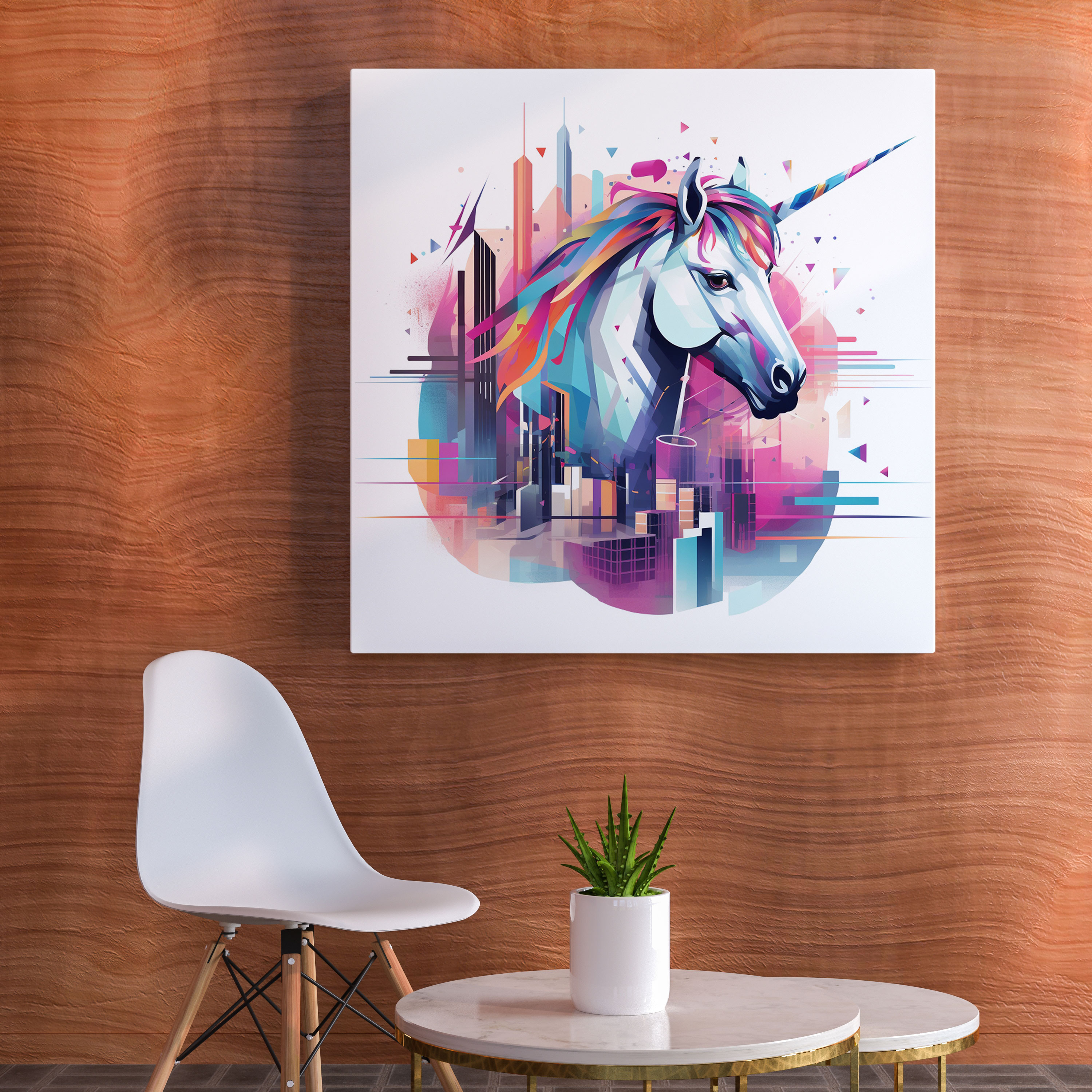 Geometric Unicorn Canvas Print - Unicorn, Futuristic Cityscape, Abstract Digital Illustration, Wall Decoration