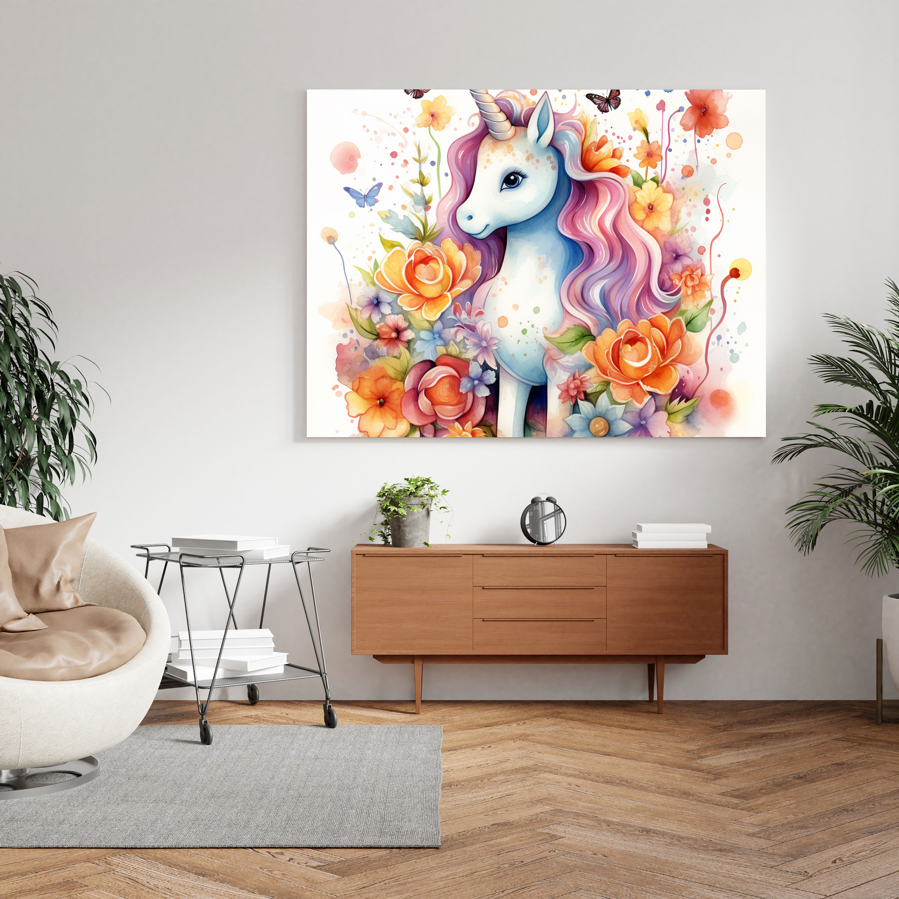Sevimli Unicorn Kanvas Tablo - Su Rengi İllüstrasyon Duvar Sanatı