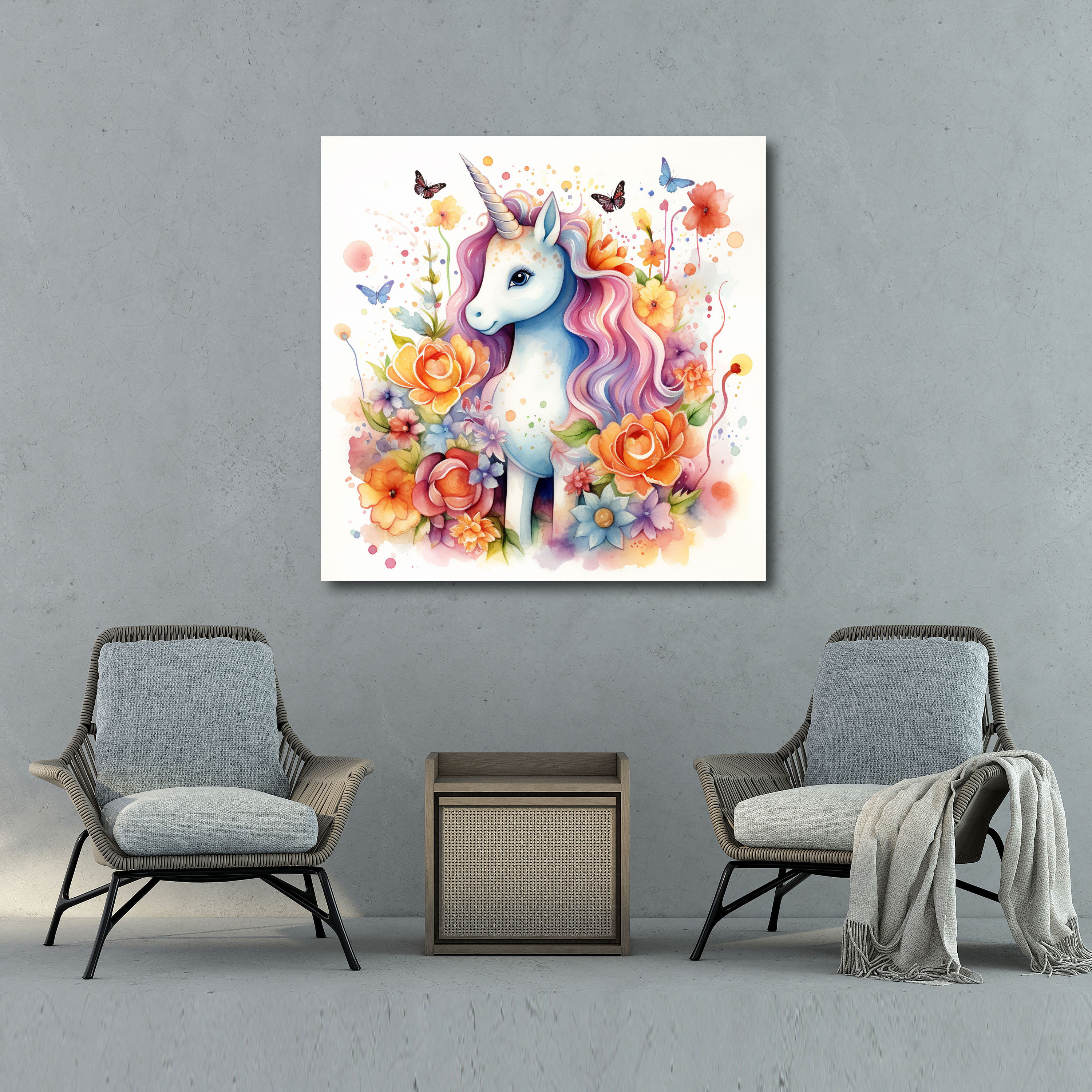 Sevimli Unicorn Kanvas Tablo - Su Rengi İllüstrasyon Duvar Sanatı