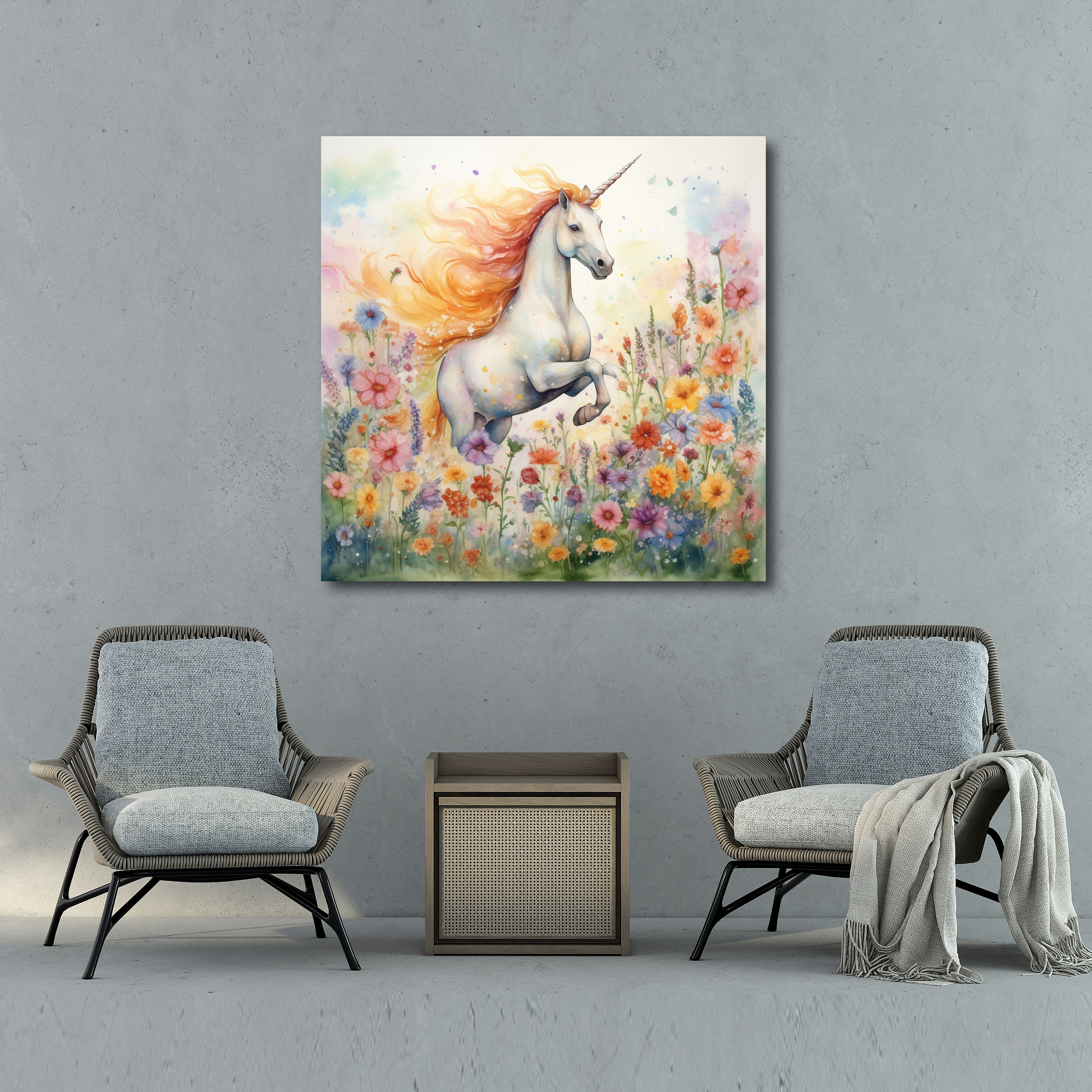 Masalsı Su Rengi Duvar Sanatı - Unicorn Kanvas Tablo - Duvar Süsü