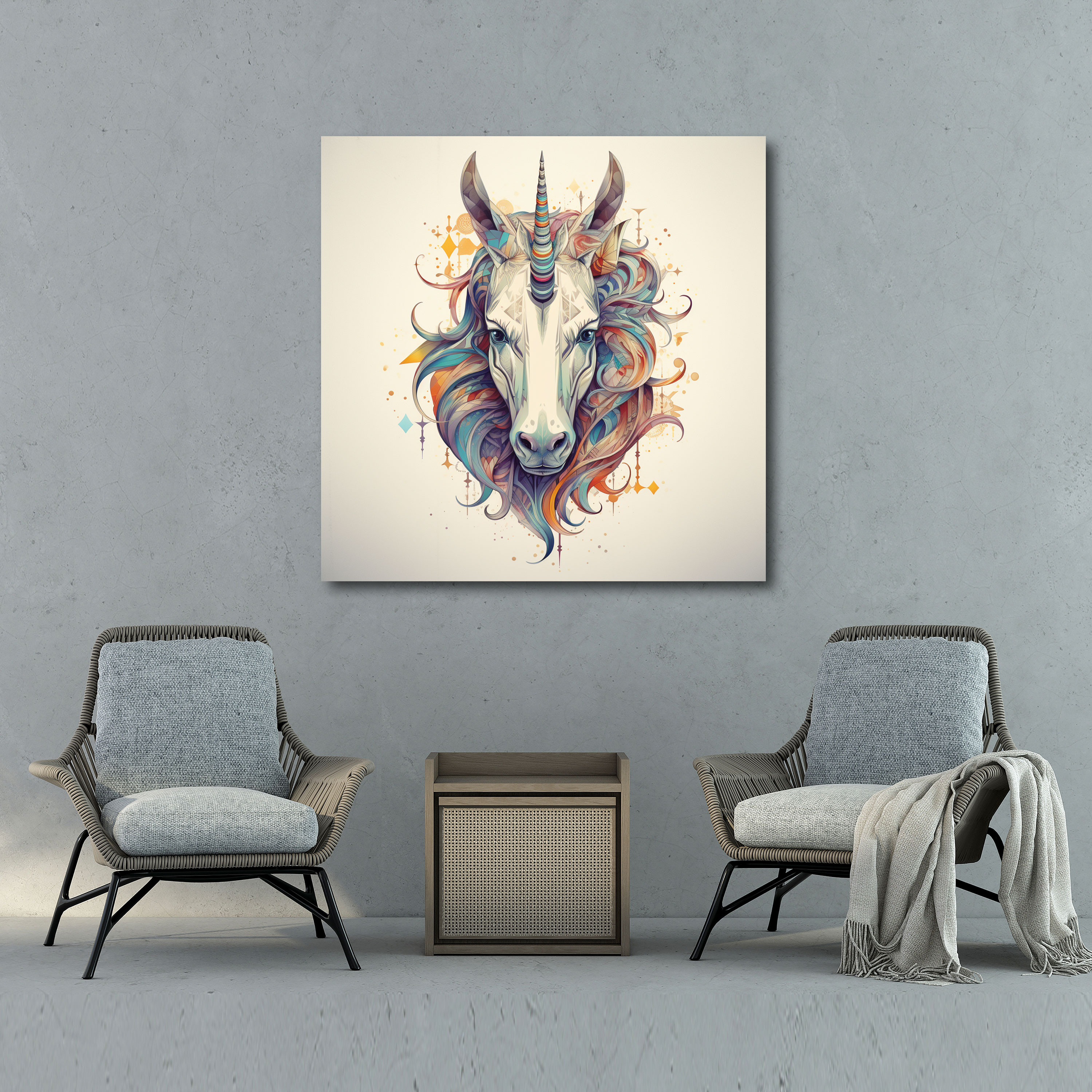 Tekstil Kanvas Baskı - Geometrik Çizim Duvar Sanatı - Unicorn Desenler Modernlik Zarafet
