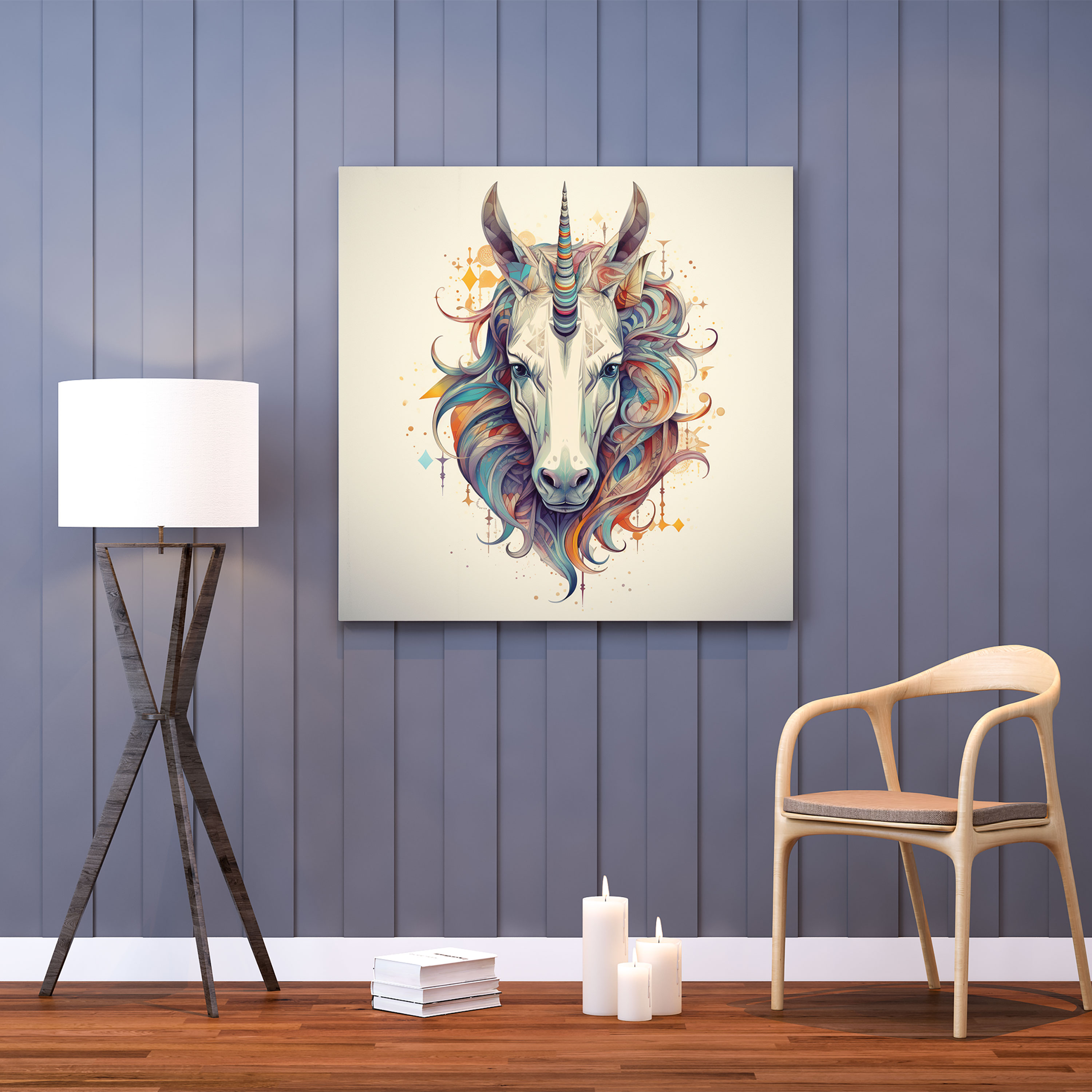Tekstil Kanvas Baskı - Geometrik Çizim Duvar Sanatı - Unicorn Desenler Modernlik Zarafet