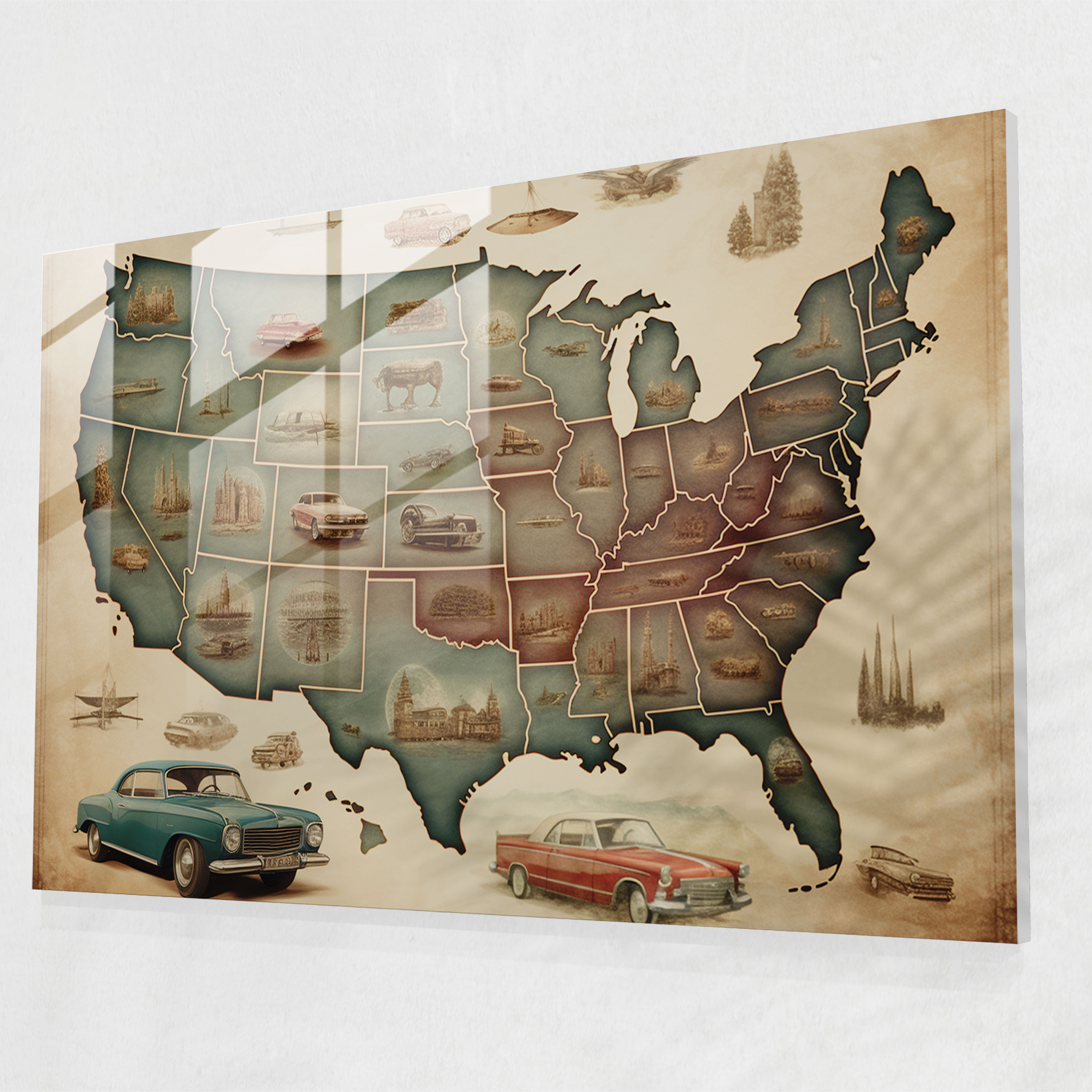 Vintage United States Of America Map Glass Print - United States Of America Map, United States Of America Map, Modern Art, Classic Touch