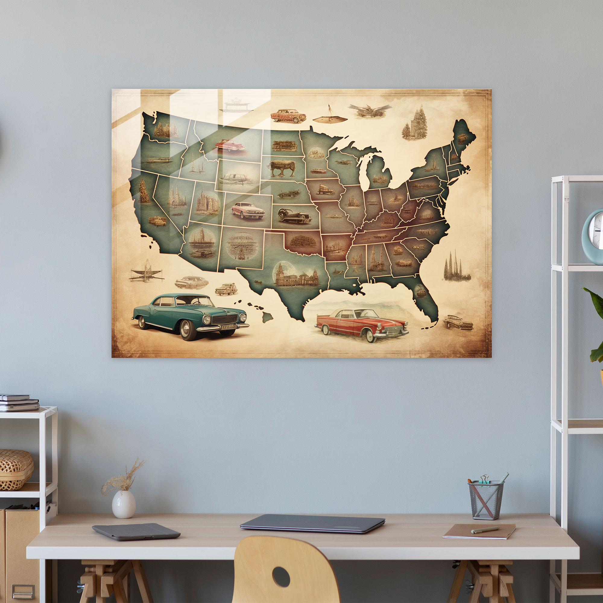 Vintage United States Of America Map Glass Print - United States Of America Map, United States Of America Map, Modern Art, Classic Touch