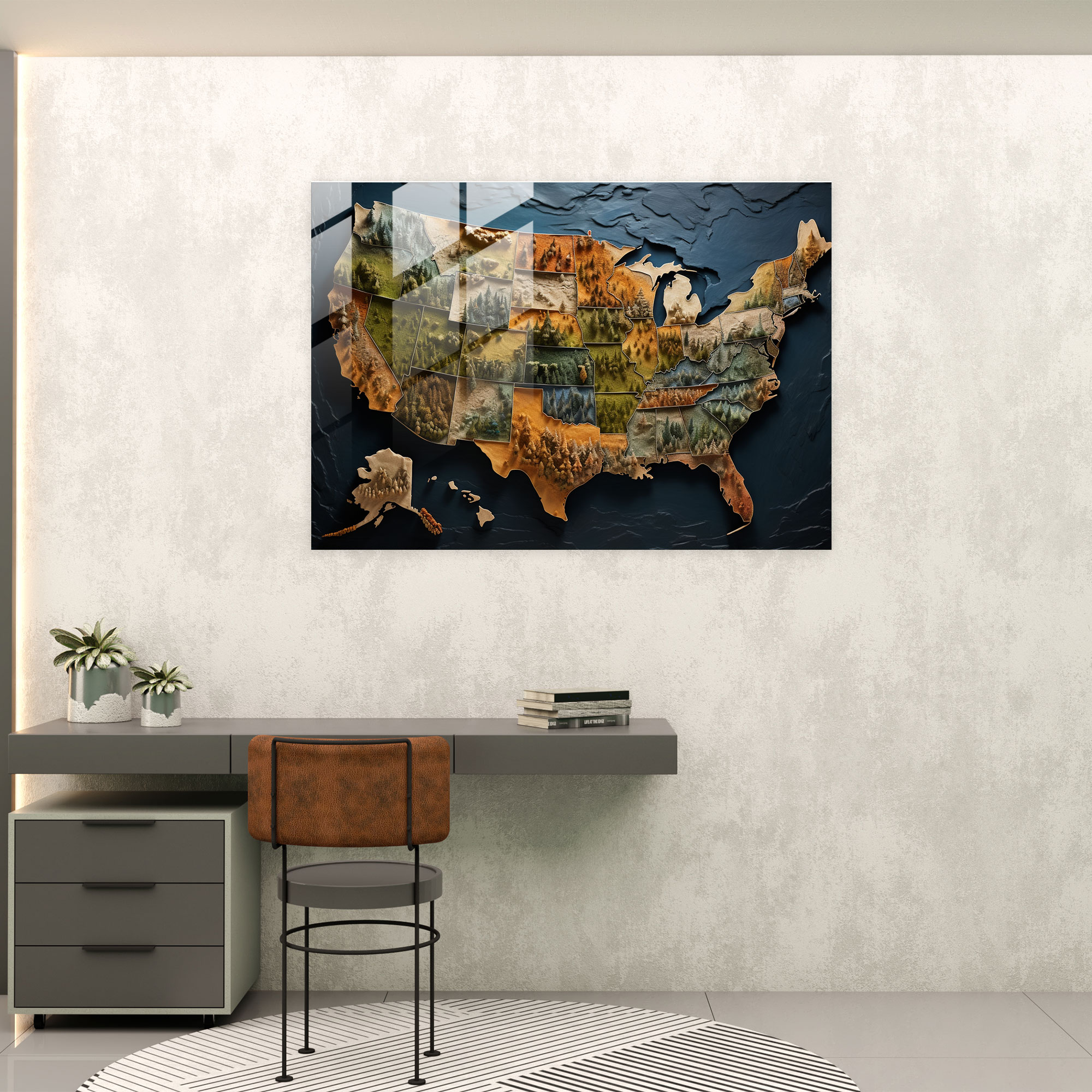 Aerial United States Of America Map Glass Print - United States Of America Map, Aerial Photography, Glass Print, Geographical Features