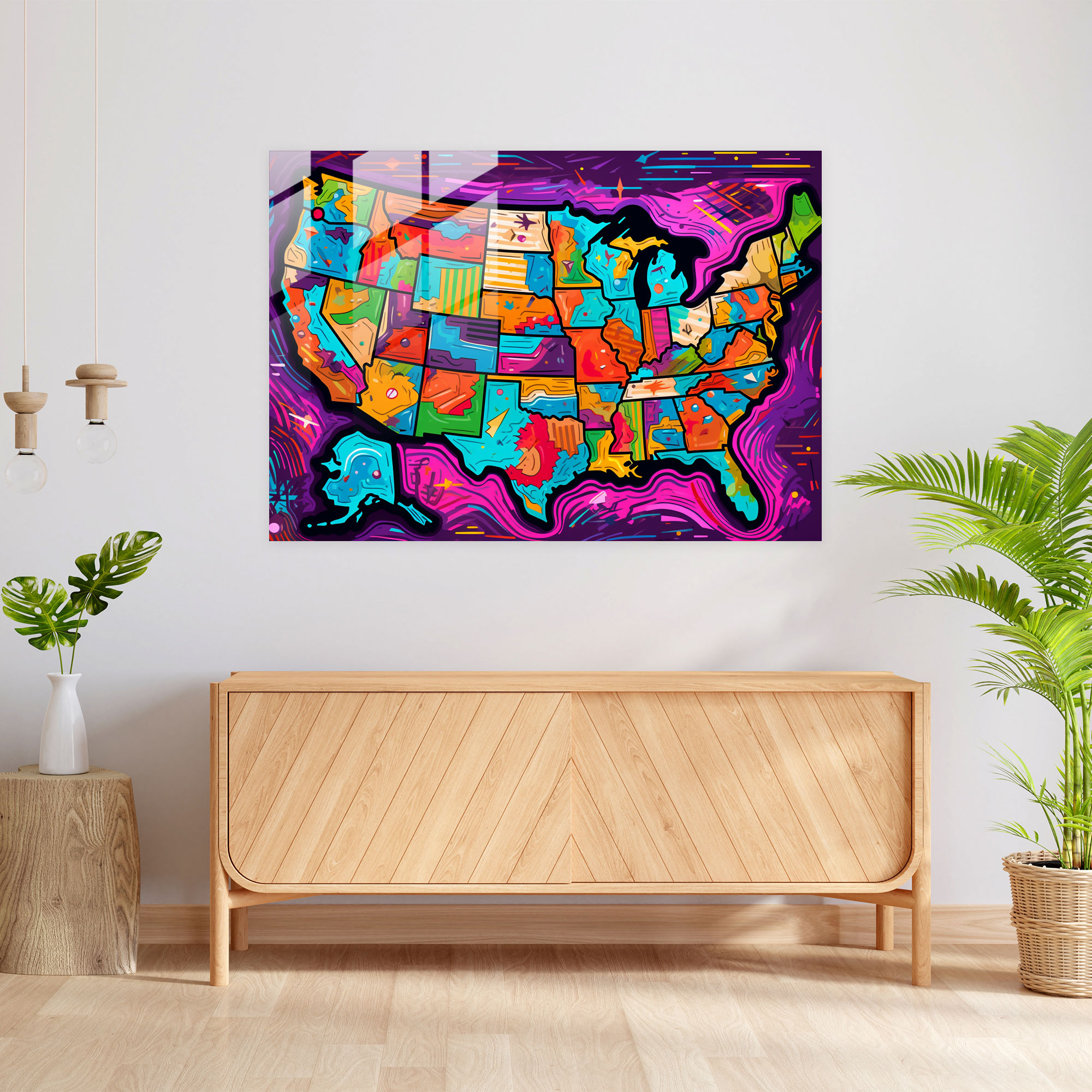 Pop Art United States Of America Map Glass Wall Art - United States Of America Map, Colorful, Bold Lines, Modern Art