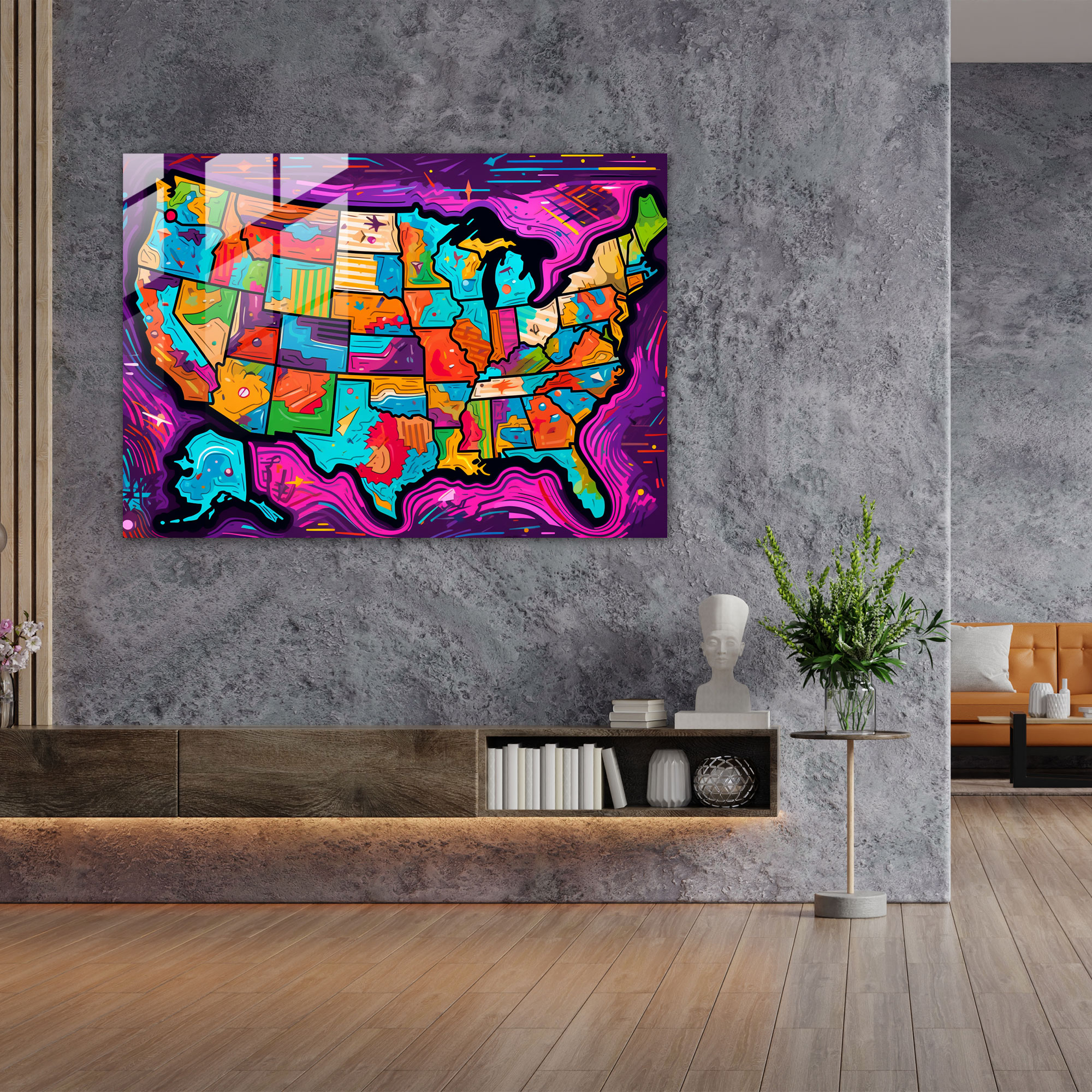 Pop Art United States Of America Map Glass Wall Art - United States Of America Map, Colorful, Bold Lines, Modern Art