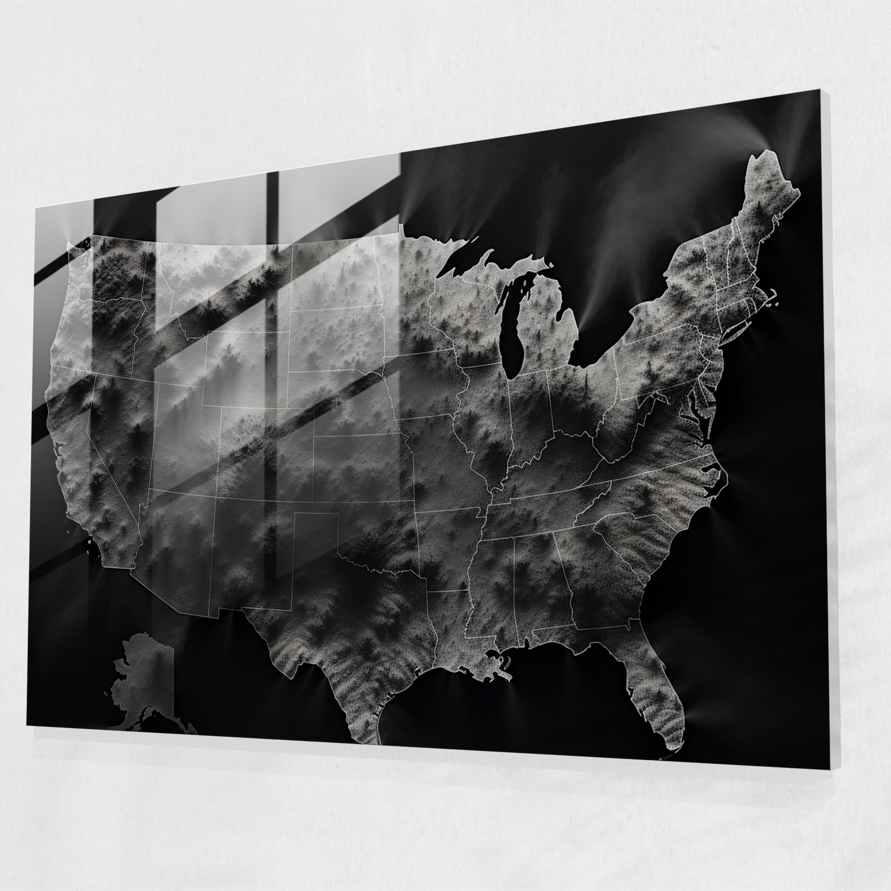 Siyah Beyaz Birleşik Amerika Haritası Cam Tablo Sanatı - Amerika Birleşik Devletleri Haritası Modern Sanat Siyah Beyaz Fotoğrafçılık Cazip