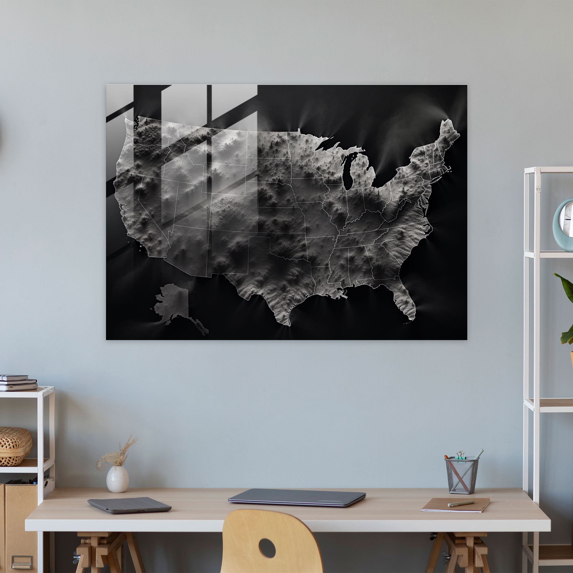 Siyah Beyaz Birleşik Amerika Haritası Cam Tablo Sanatı - Amerika Birleşik Devletleri Haritası Modern Sanat Siyah Beyaz Fotoğrafçılık Cazip