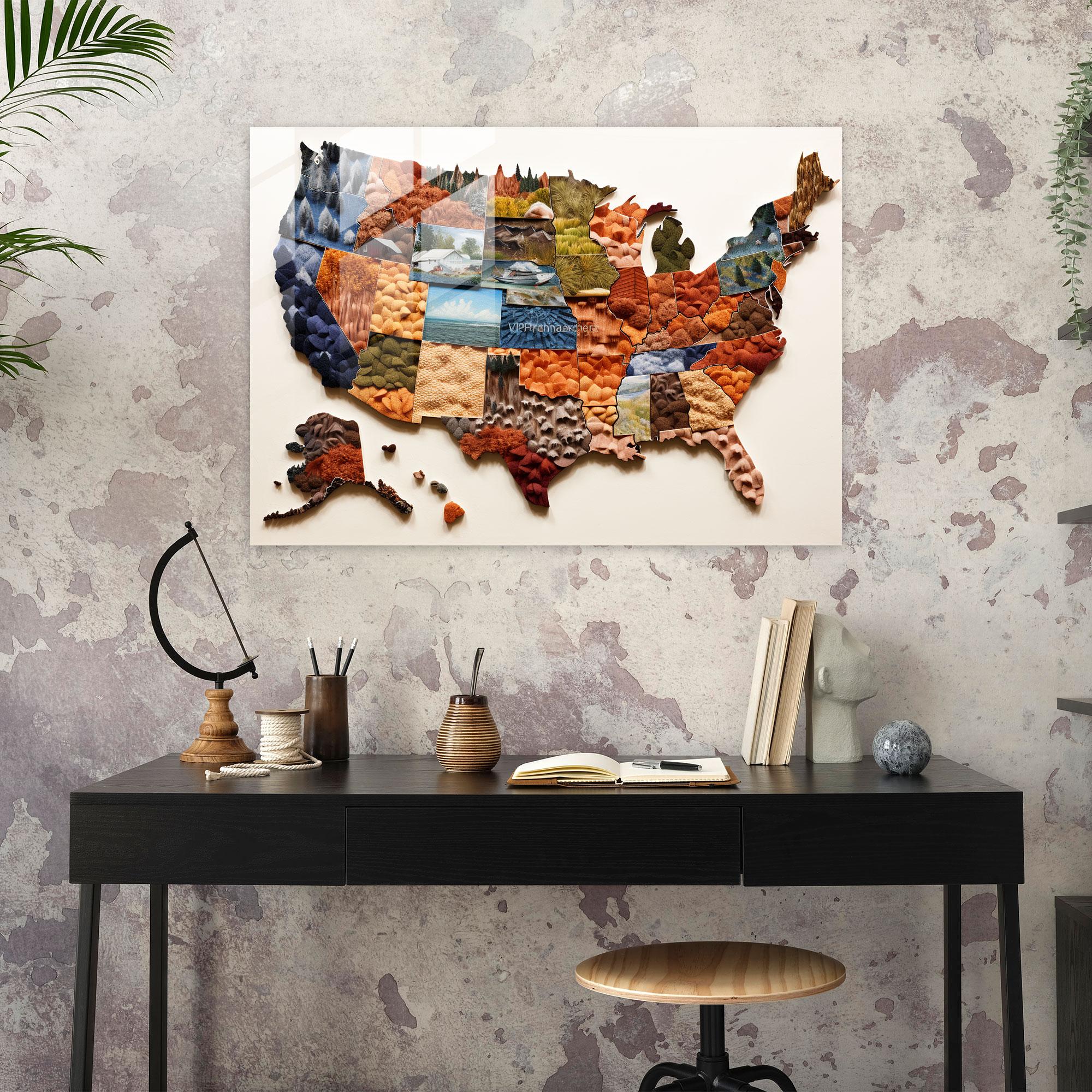 Contemporary Collage United States Of America Map Glass Wall Art - United States Of America Map, Glass Print, Glass Art, Materials