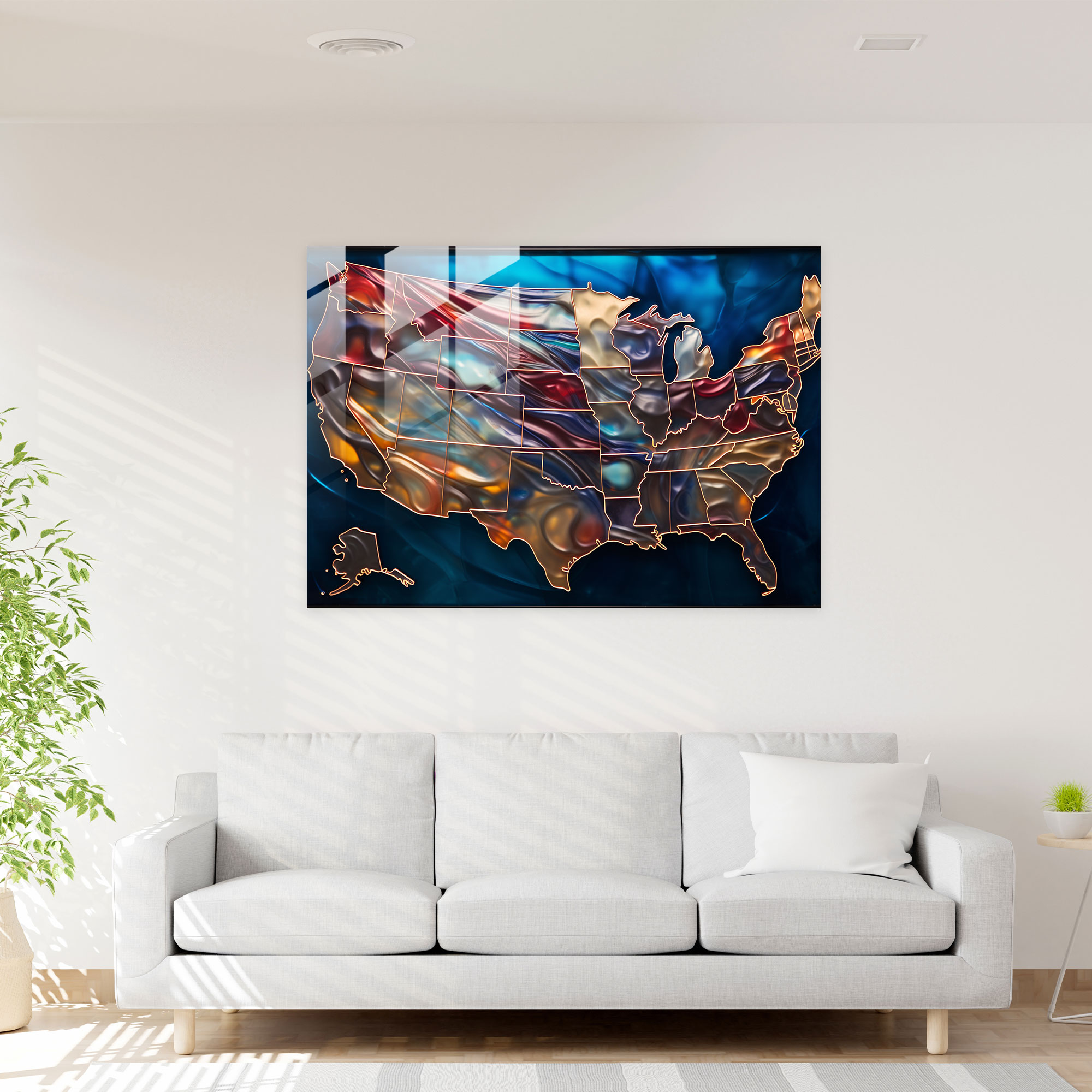 United States Of America Map Glass Print - United States Of America Map, Glass Art, Home Decoration, Futuristic Glass Art