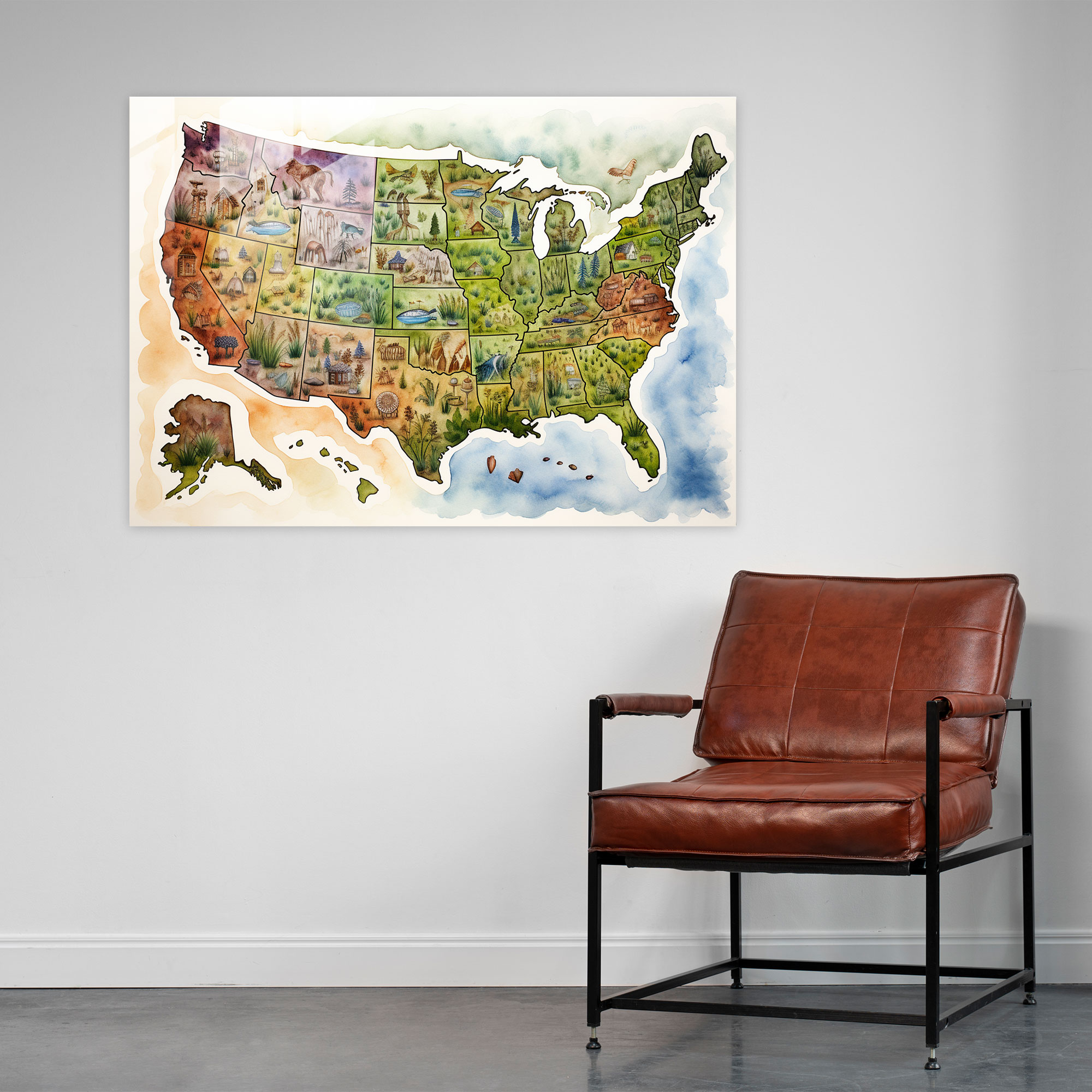 Whimsical United States Of America Map Glass Print - United States Of America Map, Glass Wall Art, Glass Print, Wall Decoration