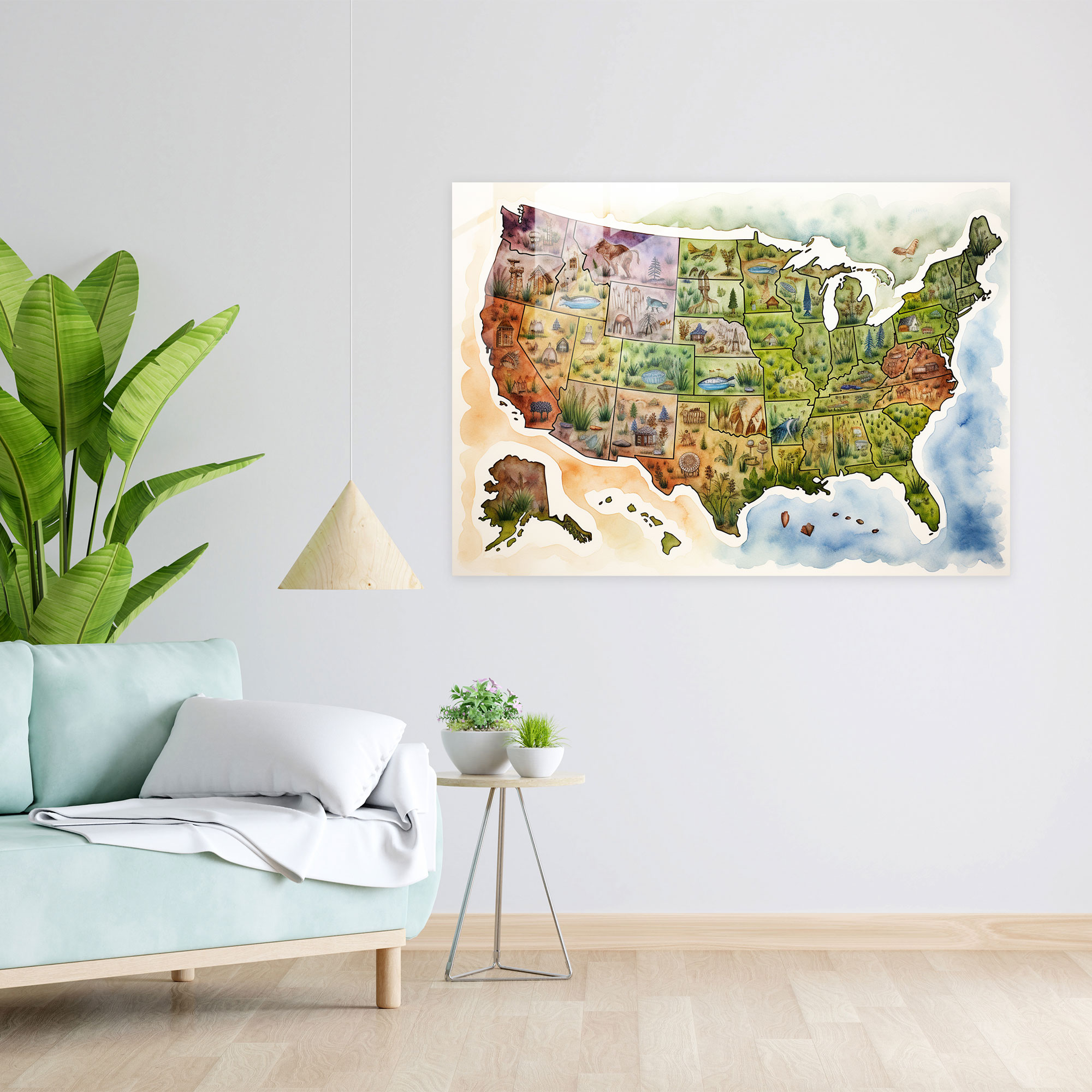 Whimsical United States Of America Map Glass Print - United States Of America Map, Glass Wall Art, Glass Print, Wall Decoration