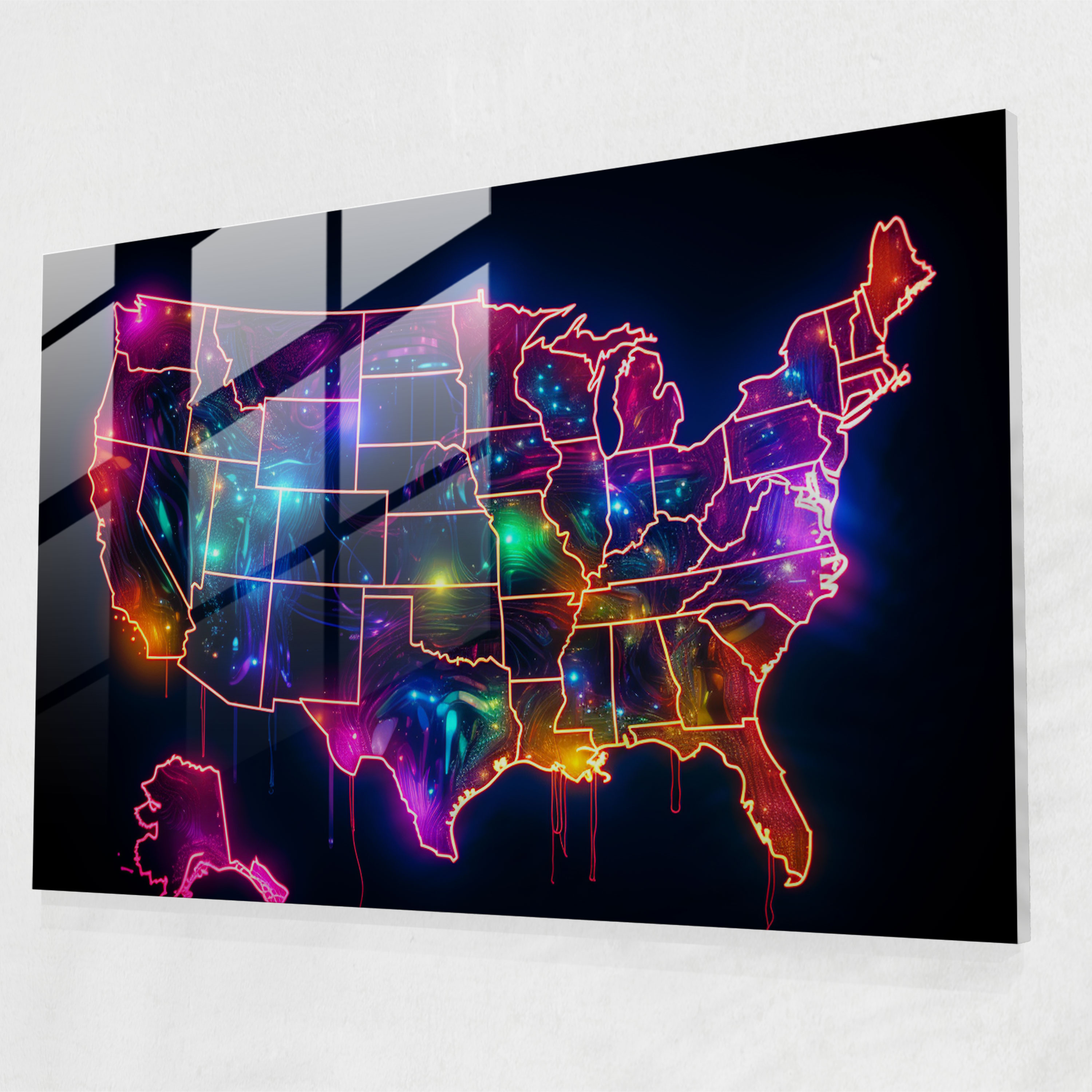 Neon United States Of America Map Glass Print - United States Of America Map, Futuristic, United States Of America Map, Home Decoration