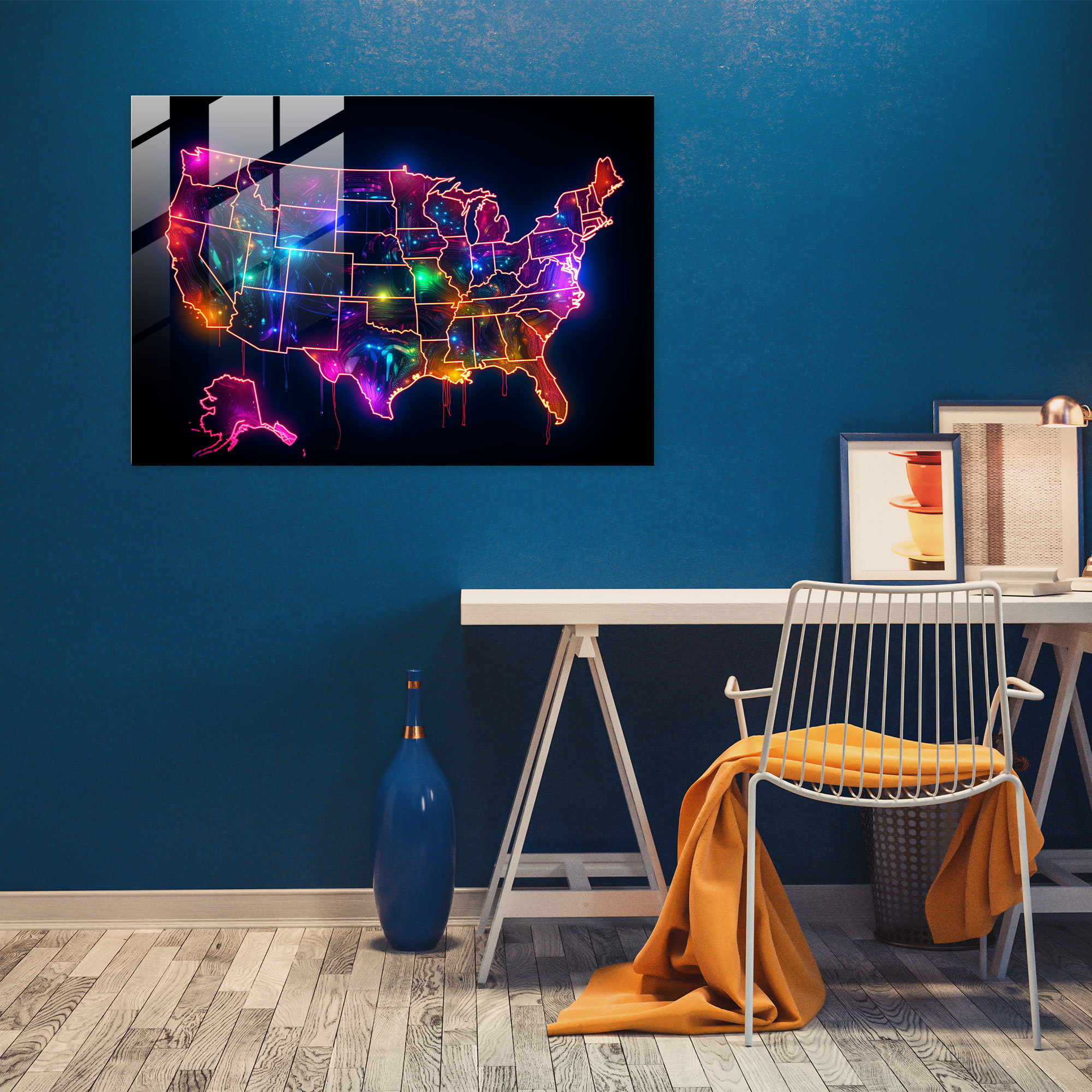 Neon United States Of America Map Glass Print - United States Of America Map, Futuristic, United States Of America Map, Home Decoration