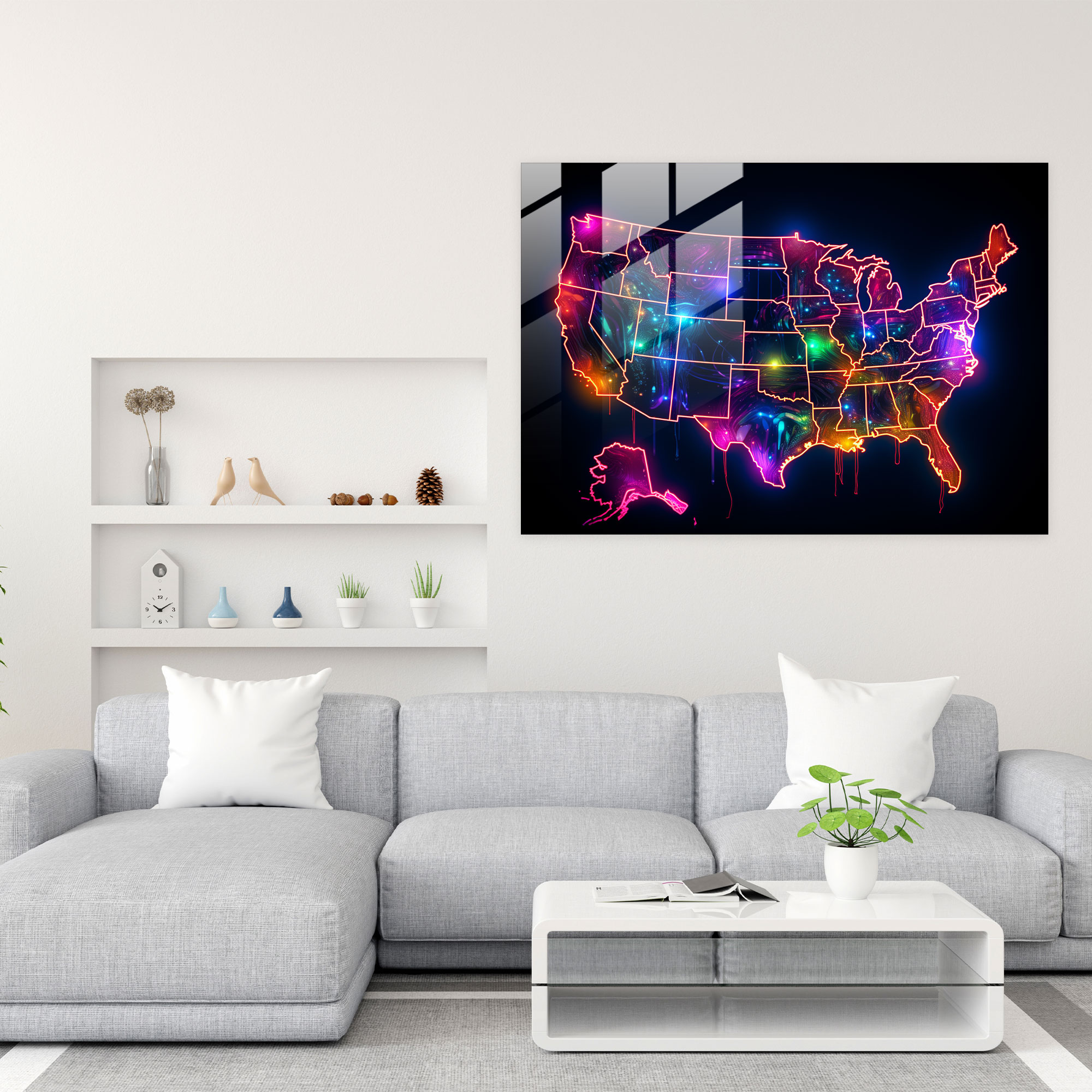 Neon United States Of America Map Glass Print - United States Of America Map, Futuristic, United States Of America Map, Home Decoration