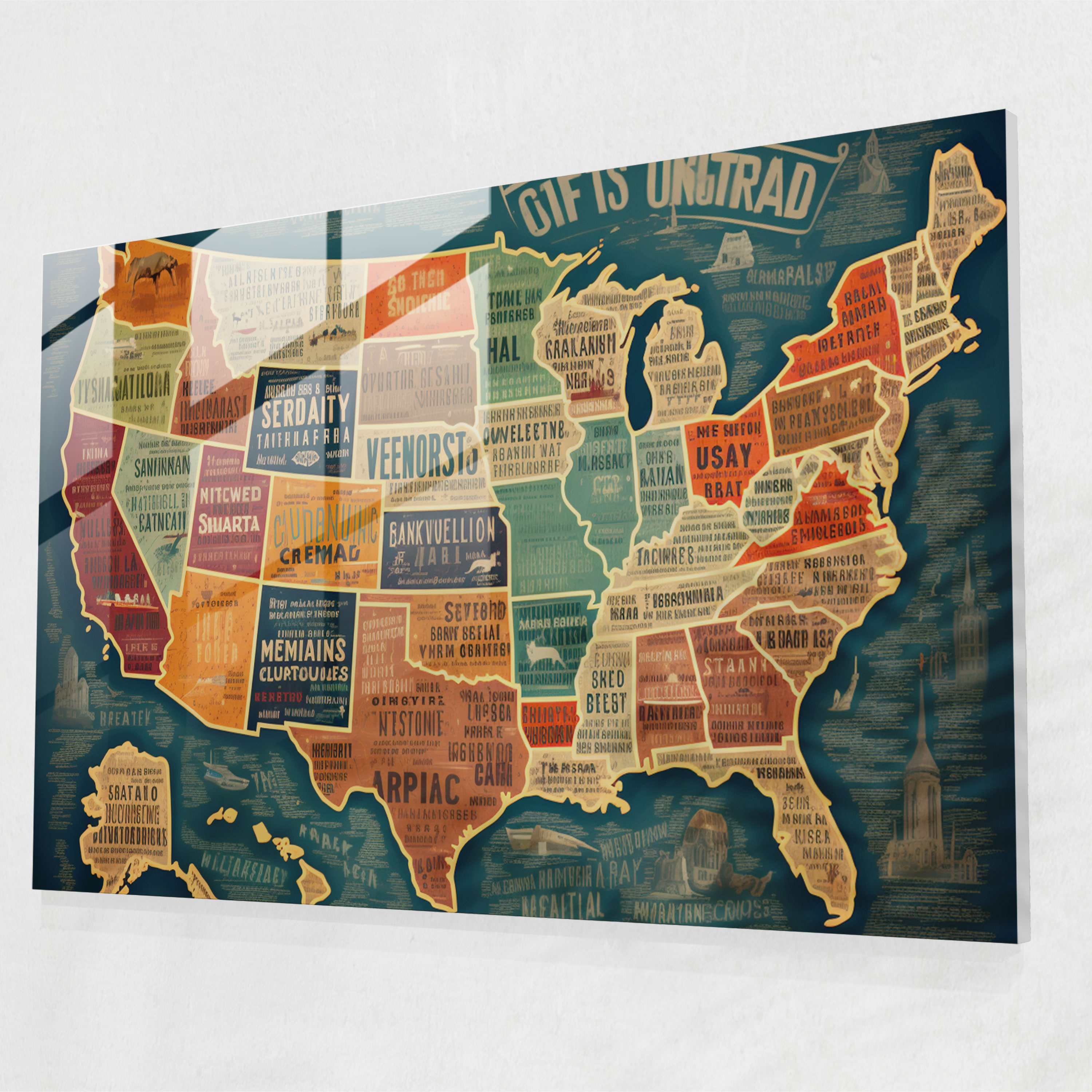 Retro United States Of America Map Glass Print - United States Of America Map, Wall Decoration, Modern Art, Nostalgic Colors