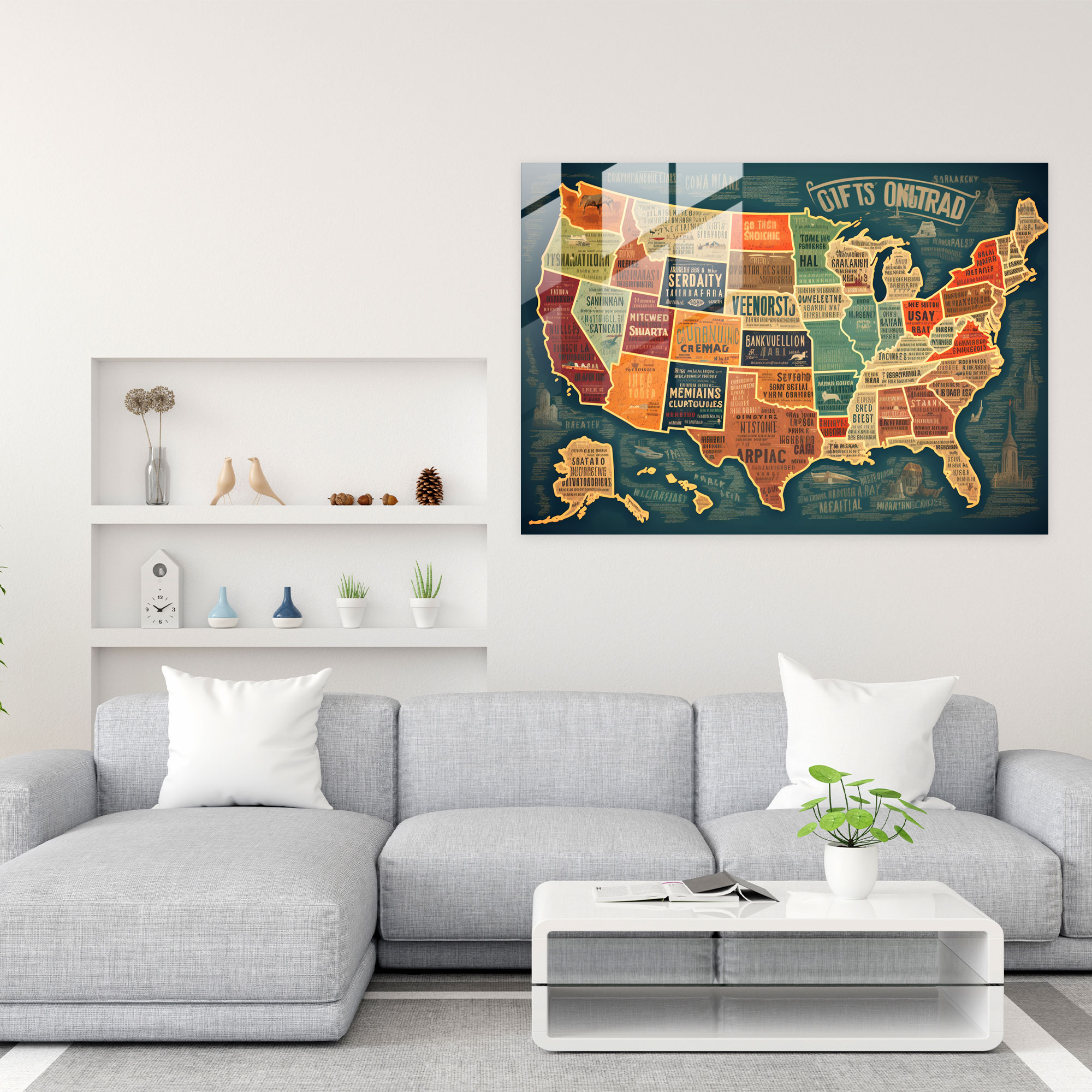 Retro United States Of America Map Glass Print - United States Of America Map, Wall Decoration, Modern Art, Nostalgic Colors