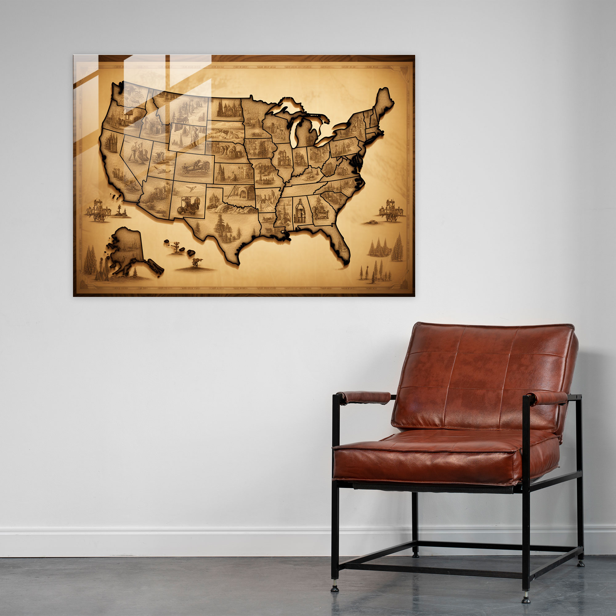 United States Of America Glass Print - United States Of America Map, United States Of America Map, Modern Art, Home Decoration