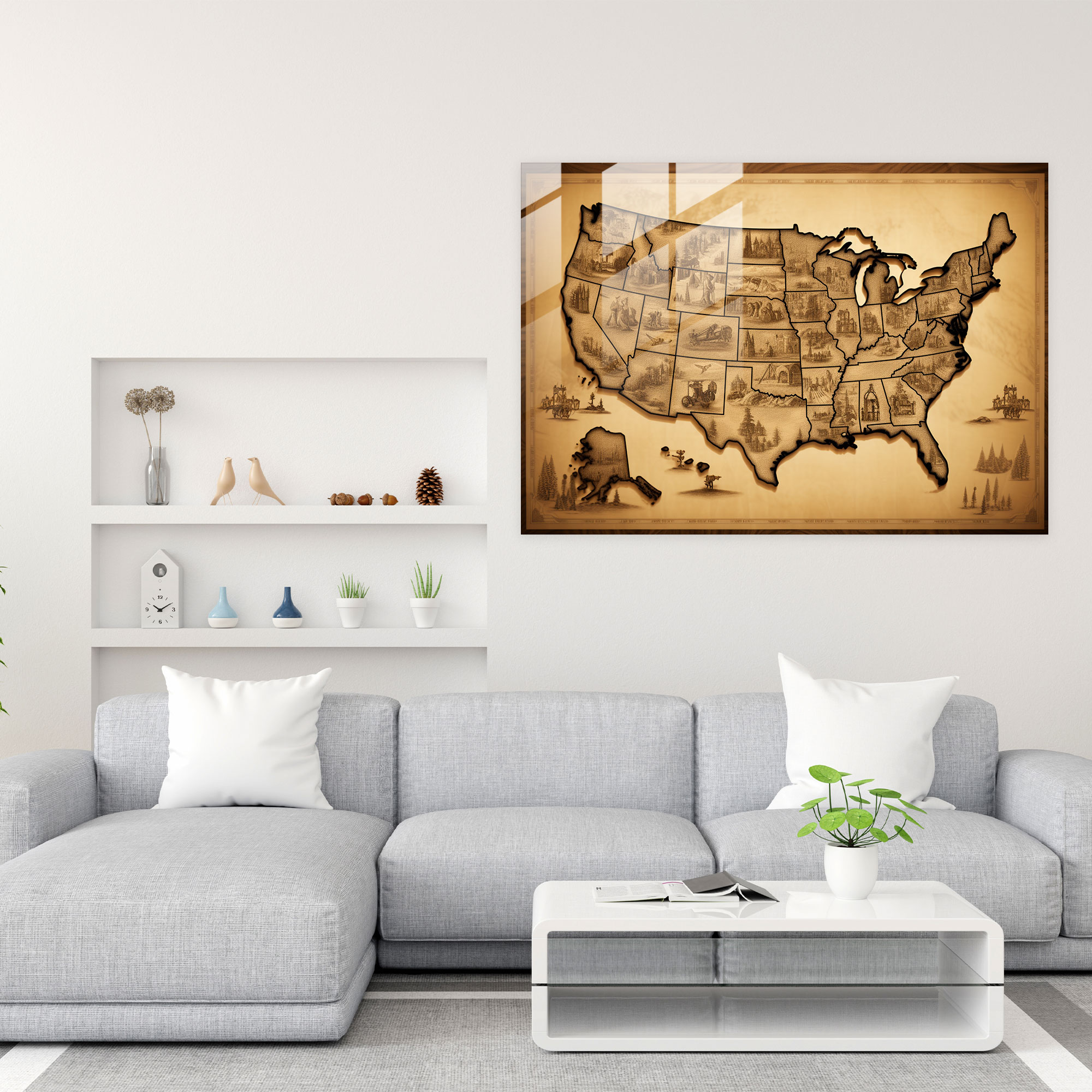 United States Of America Glass Print - United States Of America Map, United States Of America Map, Modern Art, Home Decoration