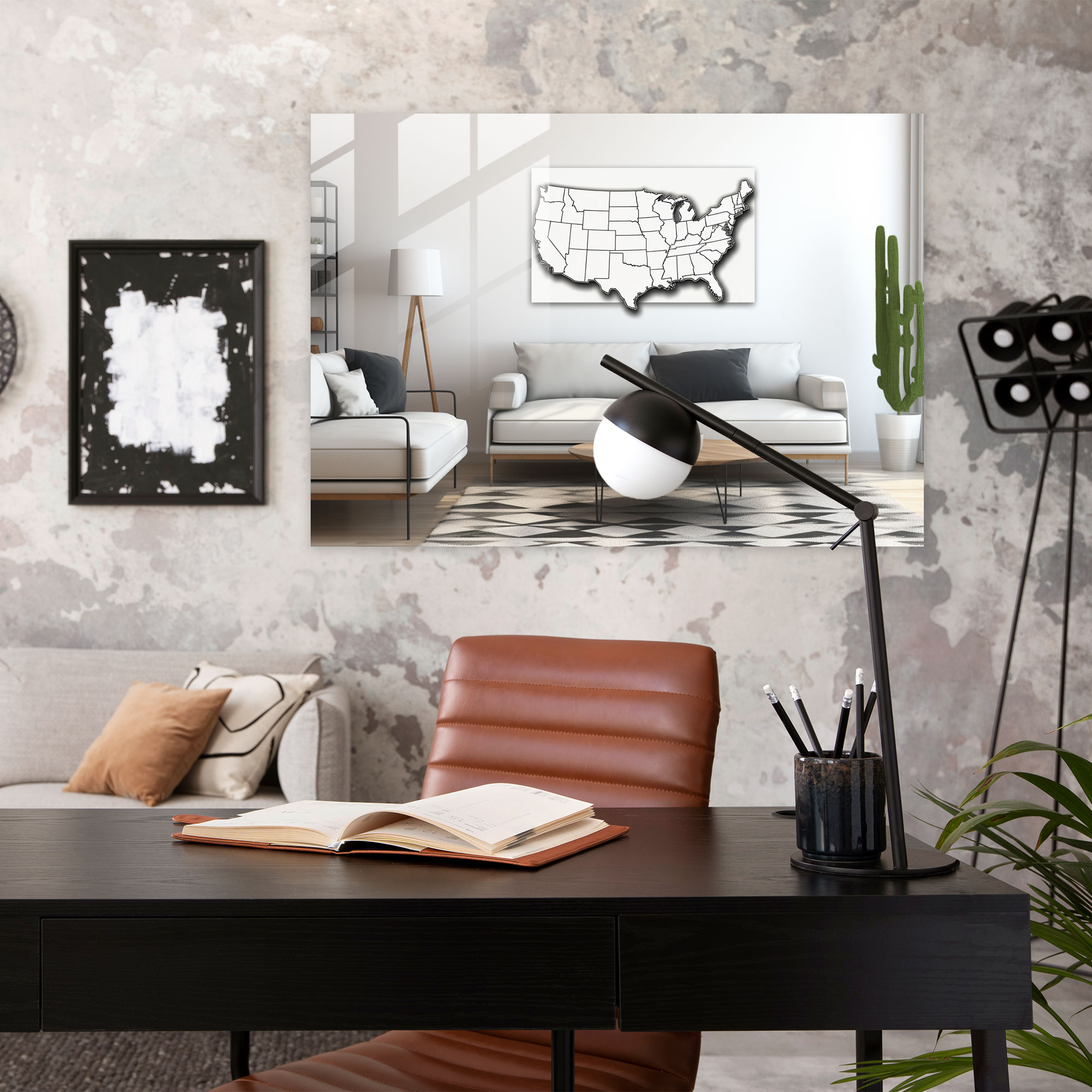 Amerika Birleşik Devletleri Minimalist Cam Tablo - Amerika Birleşik Devletleri Haritası Modern Sanat Ev Dekorasyonu Zarif Kontur