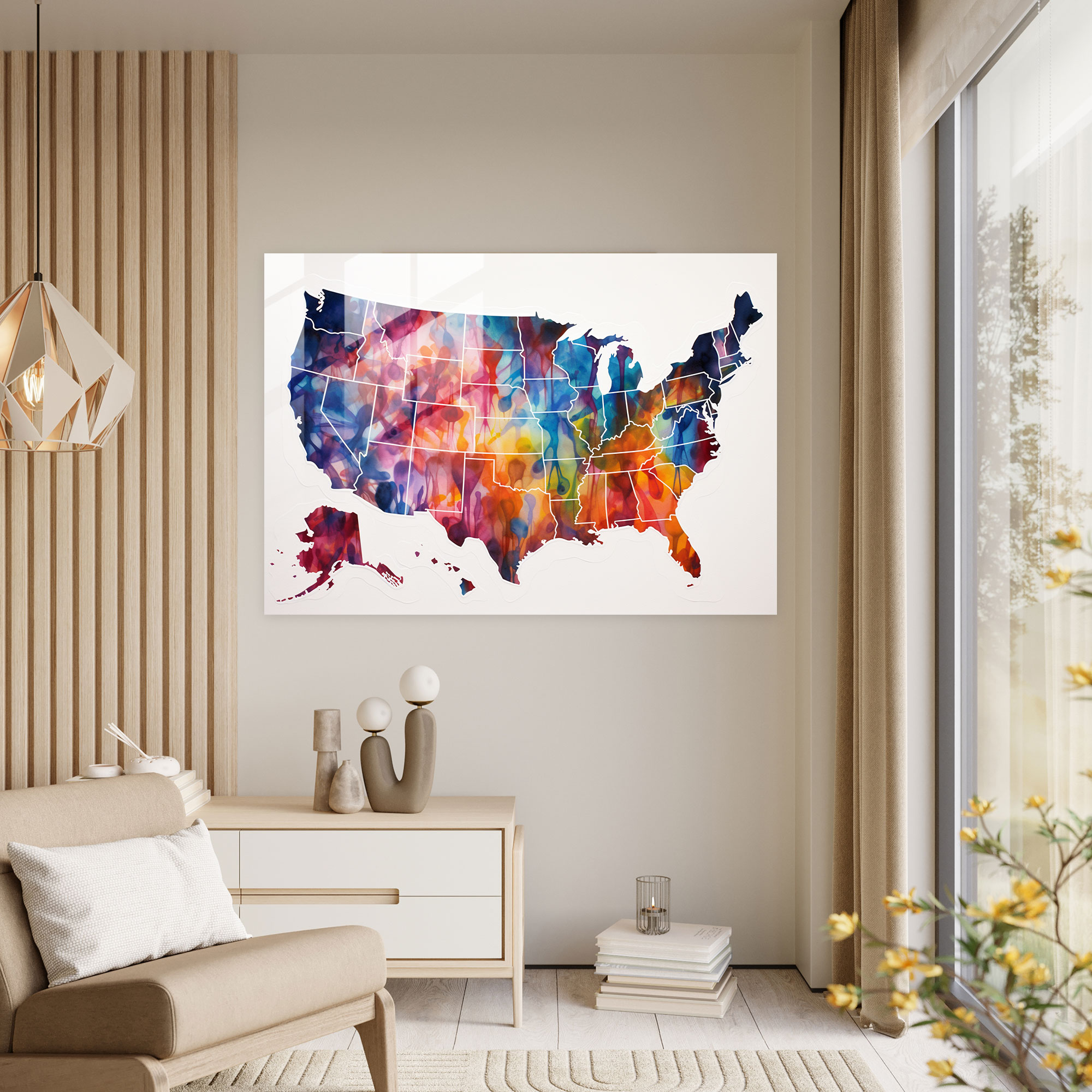 Impresyonist Amerika Birleşik Devletleri Cam Tablo - Amerika Birleşik Devletleri Haritası İmpresyonist Tarz Cam Sanat