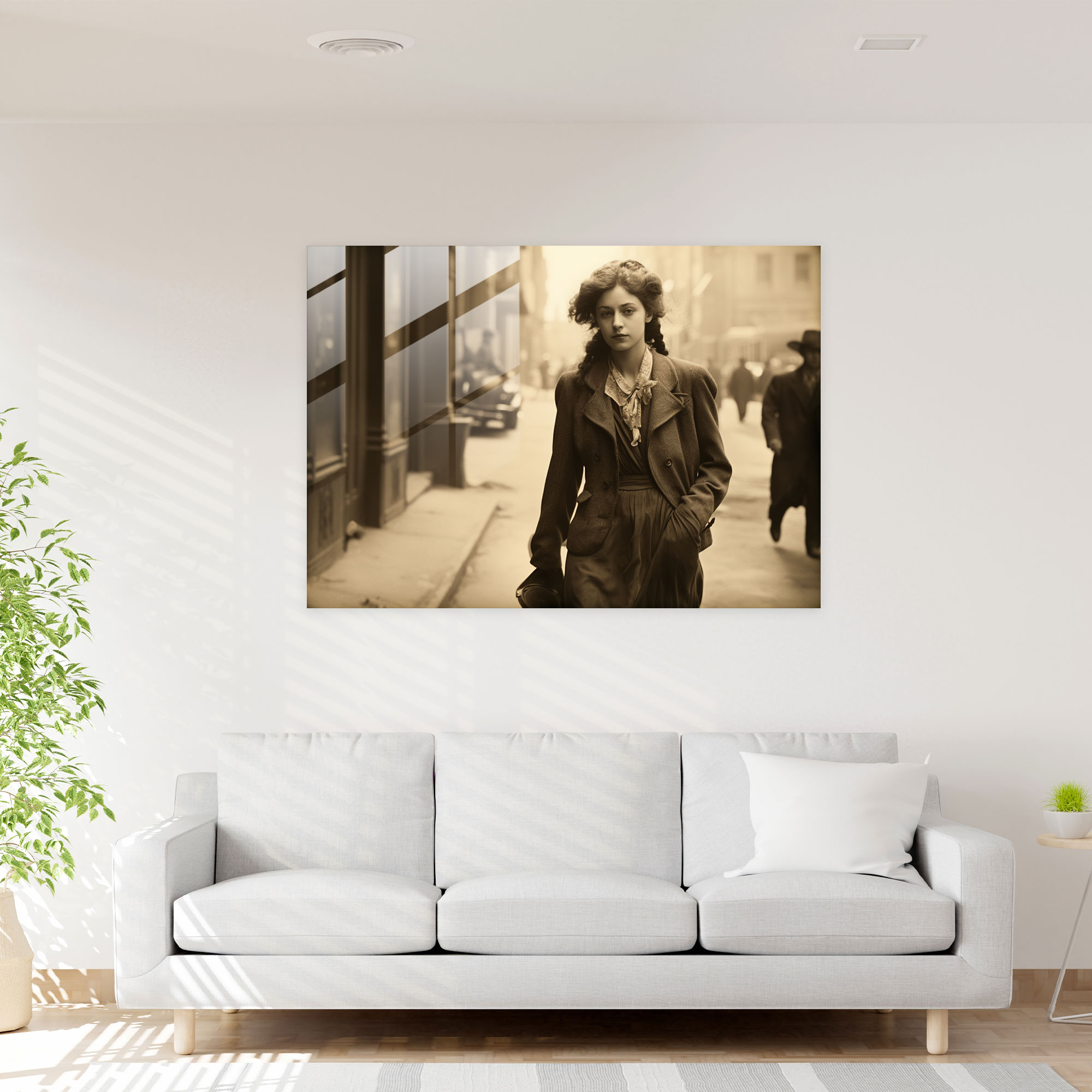 United States Of America Map Glass Print - United States Of America Map, Vintage Sepia Photograph, Woman Walking Down The Street, Glass Wall Art