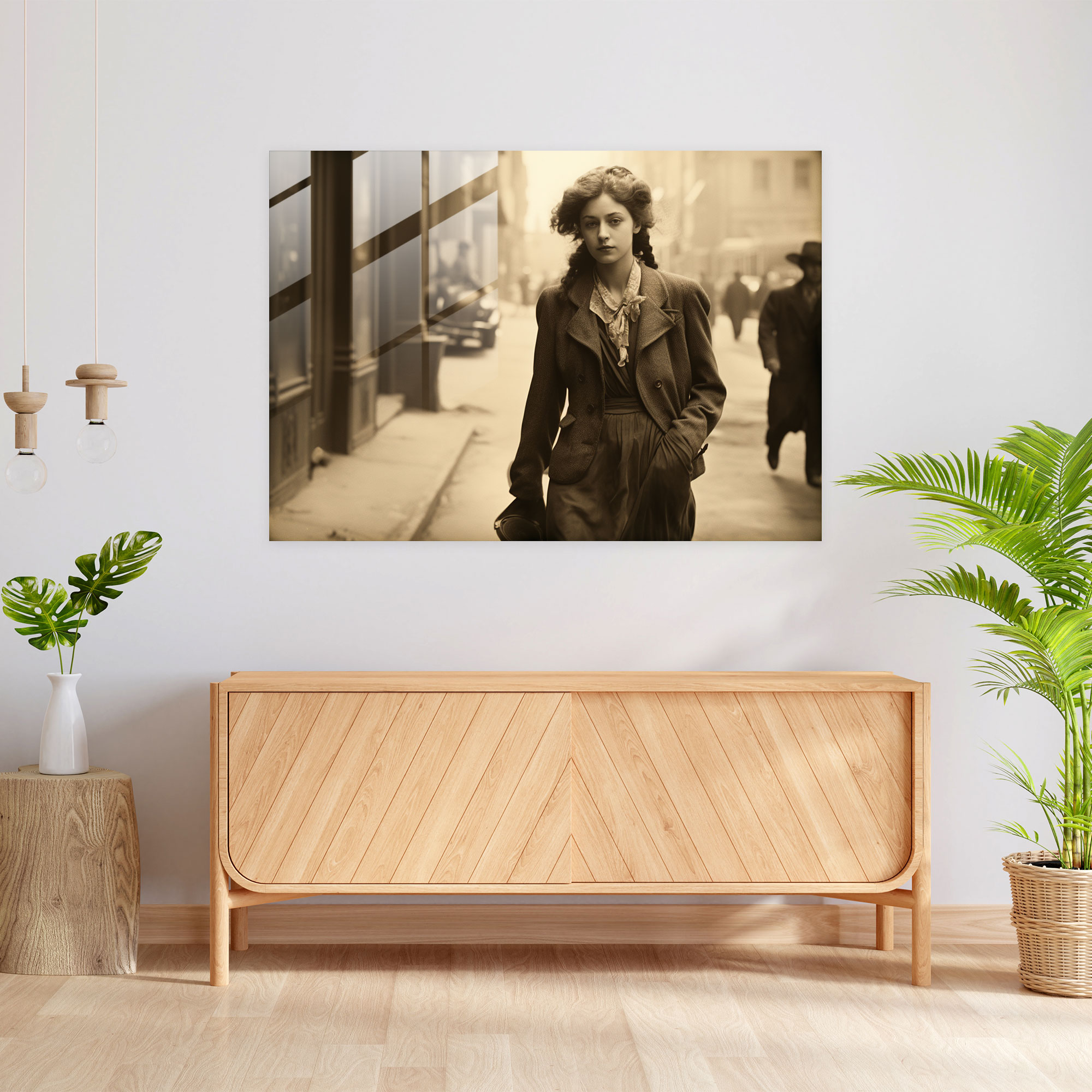 United States Of America Map Glass Print - United States Of America Map, Vintage Sepia Photograph, Woman Walking Down The Street, Glass Wall Art