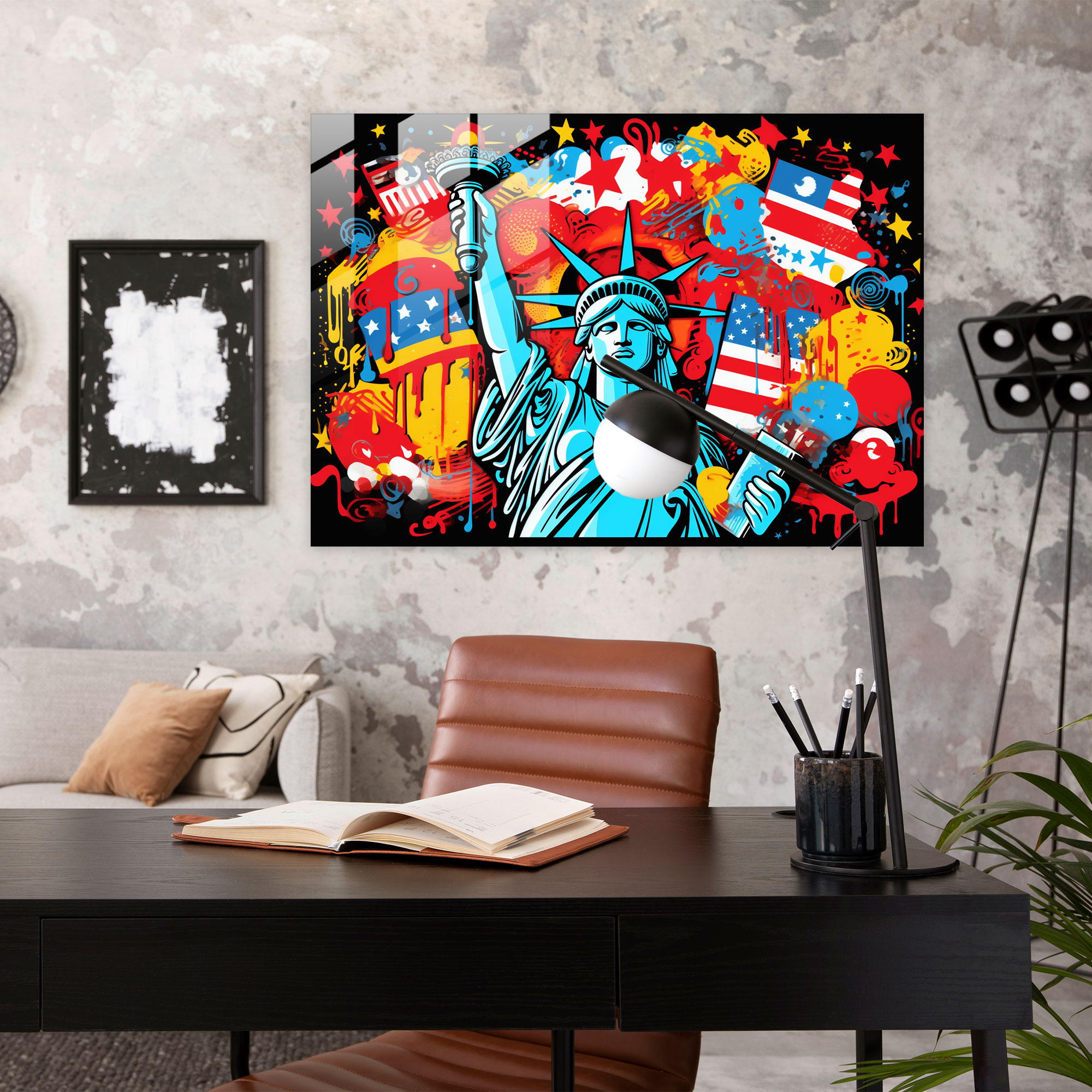 Amerika Birleşik Devletleri Haritası Modern Sanat - Ünlü Amerikan Sembolleriyle Canlı Kompozisyonlu Kanvas Tablo
