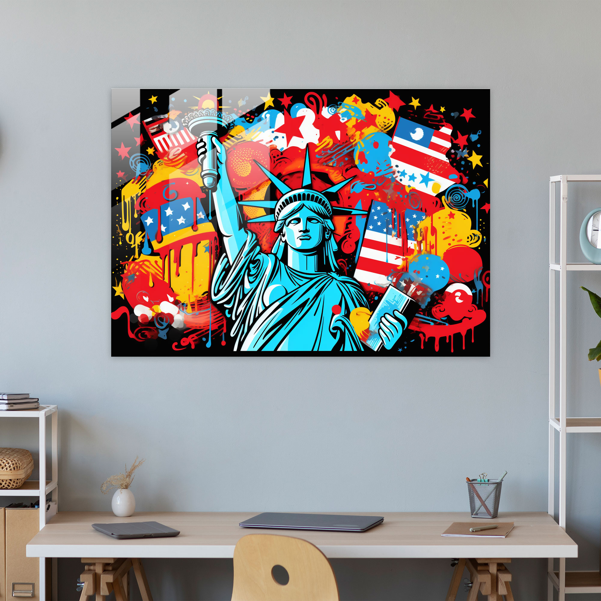 Amerika Birleşik Devletleri Haritası Modern Sanat - Ünlü Amerikan Sembolleriyle Canlı Kompozisyonlu Kanvas Tablo