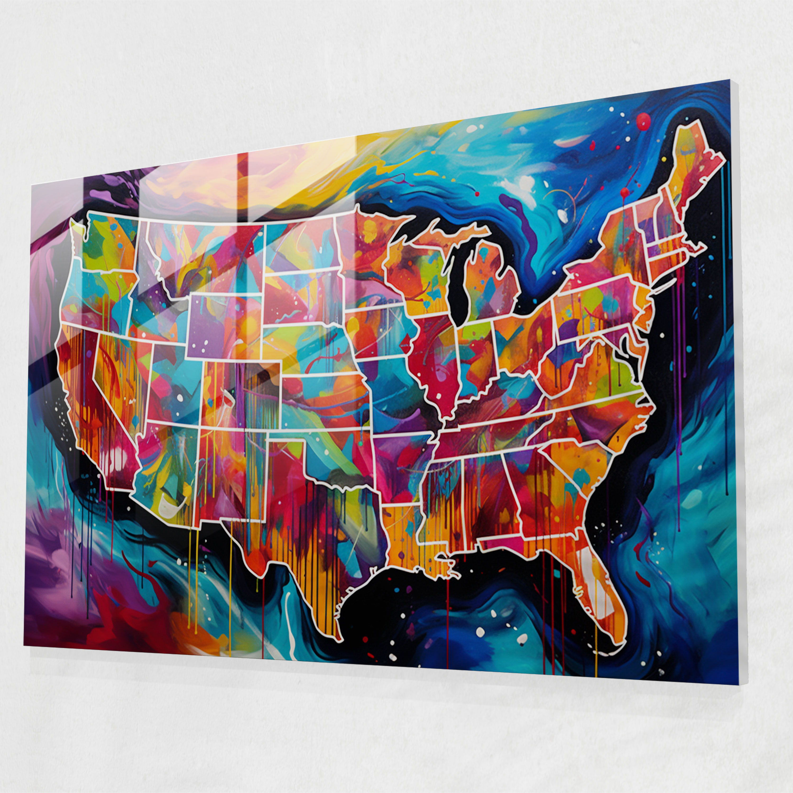 Usa Map Glass Wall Art - United States Of America Map, United States Of America Map, Bright And Bold Shades, Wall Decoration