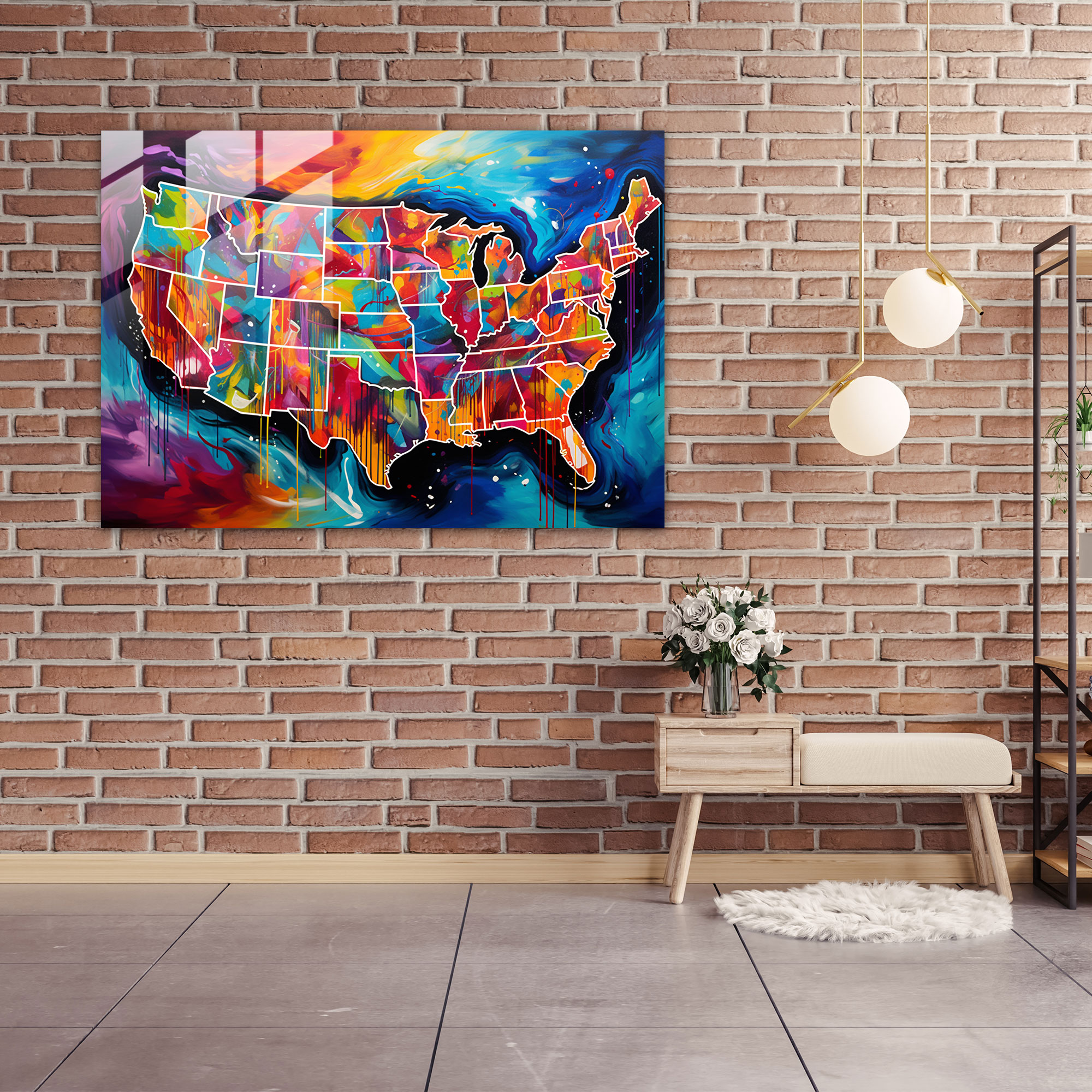 Usa Map Glass Wall Art - United States Of America Map, United States Of America Map, Bright And Bold Shades, Wall Decoration