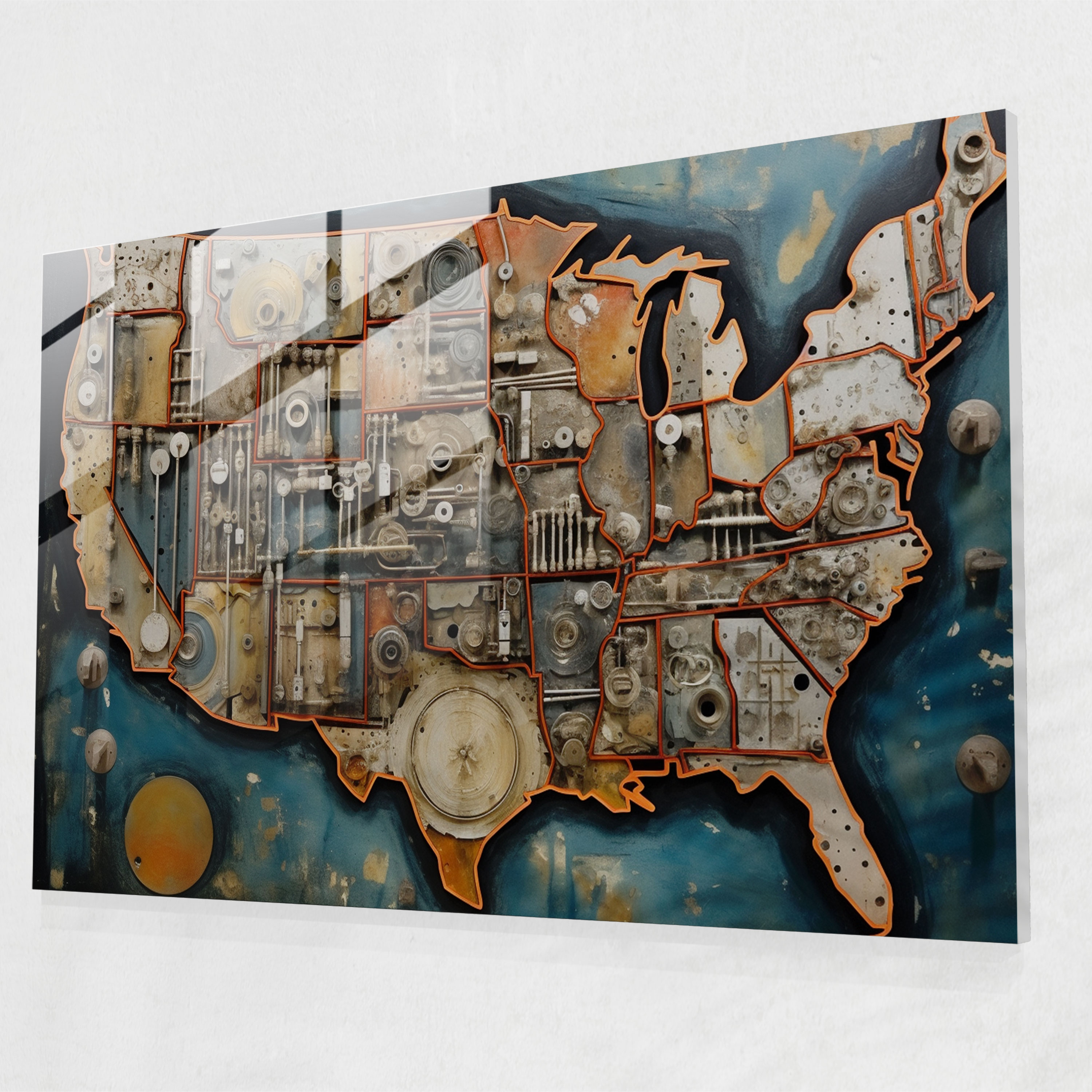United States Map Glass Print - United States Of America Map, Various Elements And Textures, Glass Art, Home Decoration