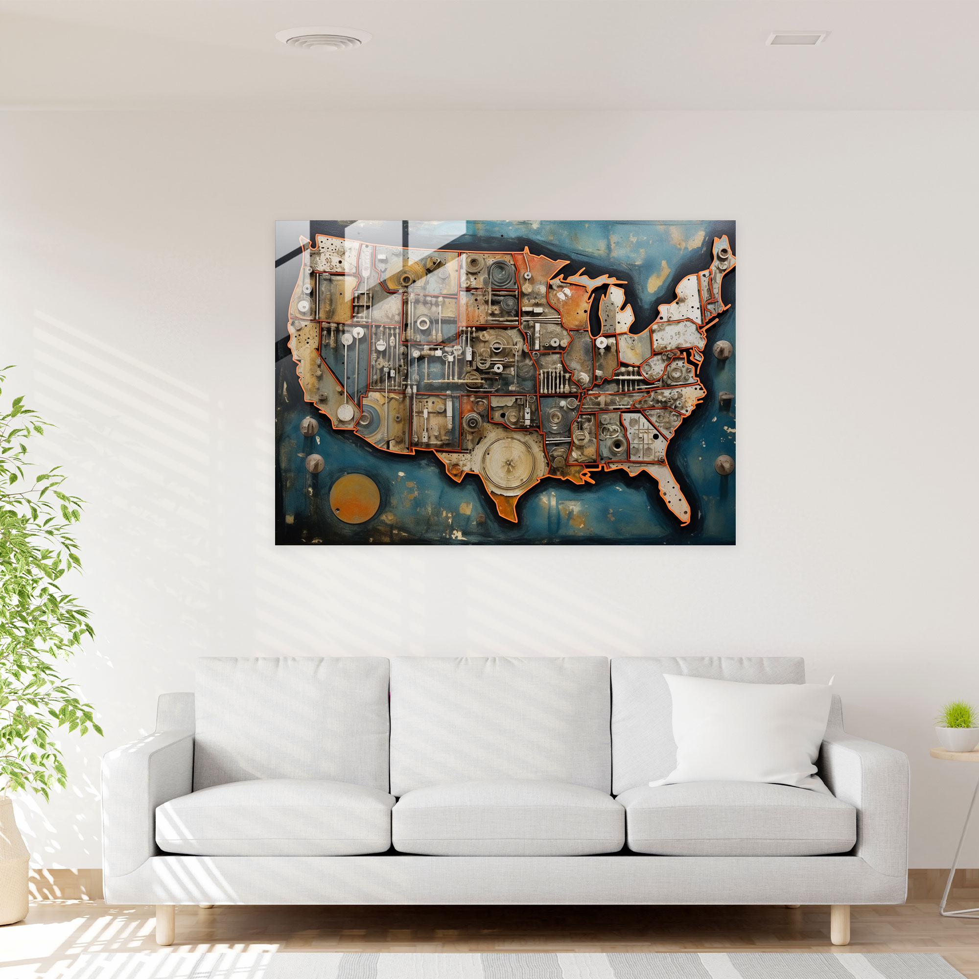 United States Map Glass Print - United States Of America Map, Various Elements And Textures, Glass Art, Home Decoration