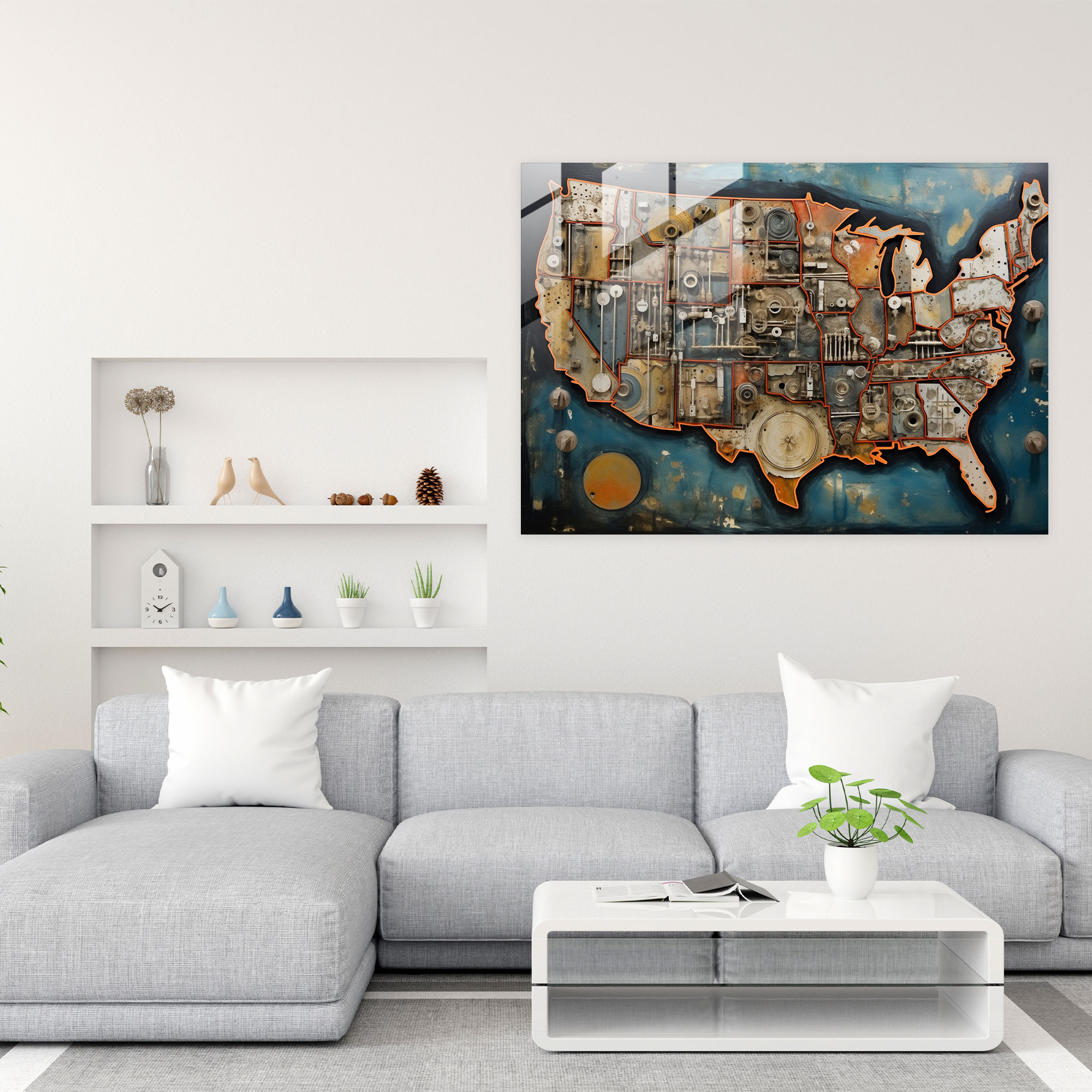 United States Map Glass Print - United States Of America Map, Various Elements And Textures, Glass Art, Home Decoration
