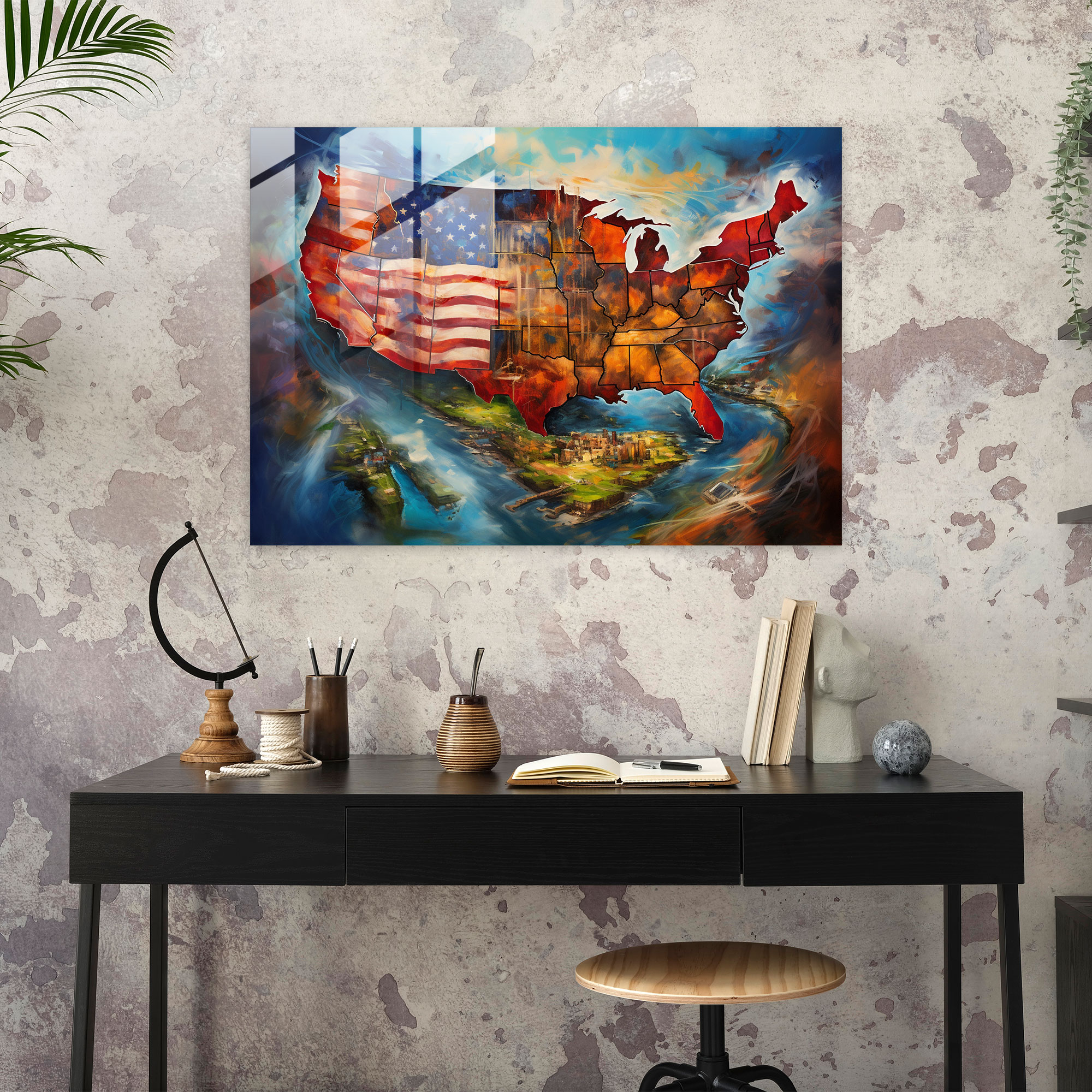 United States Of America Map Glass Art - United States Of America Map, Sense Of Movement, Wall Decoration, Glass Wall Art