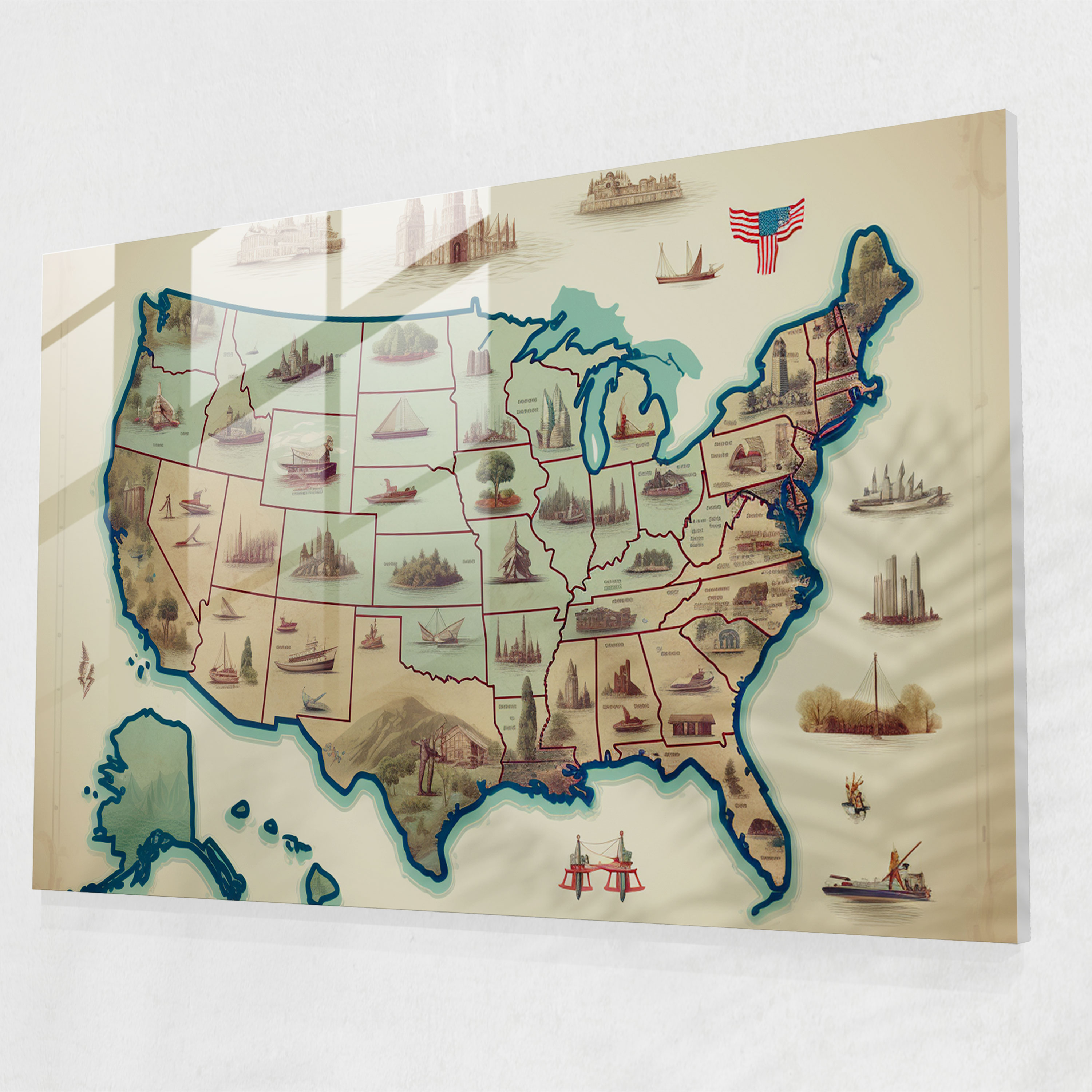 Vintage United States Of America Map Glass Print - United States Of America Map, Wall Decoration, Glass Wall Art, Home Decoration