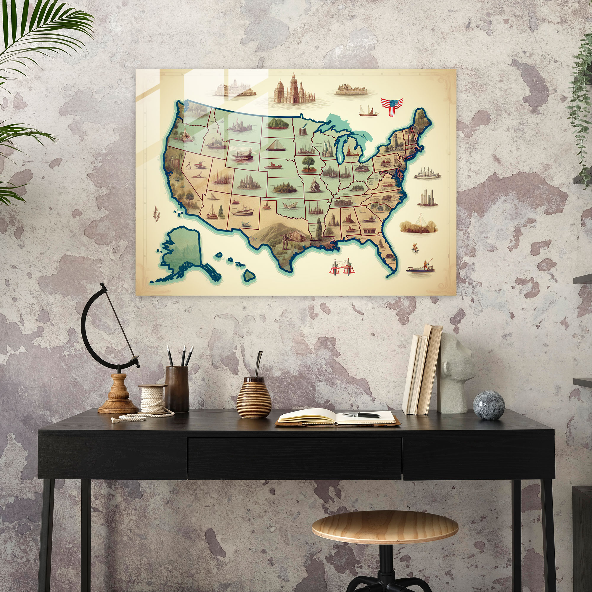 Vintage United States Of America Map Glass Print - United States Of America Map, Wall Decoration, Glass Wall Art, Home Decoration