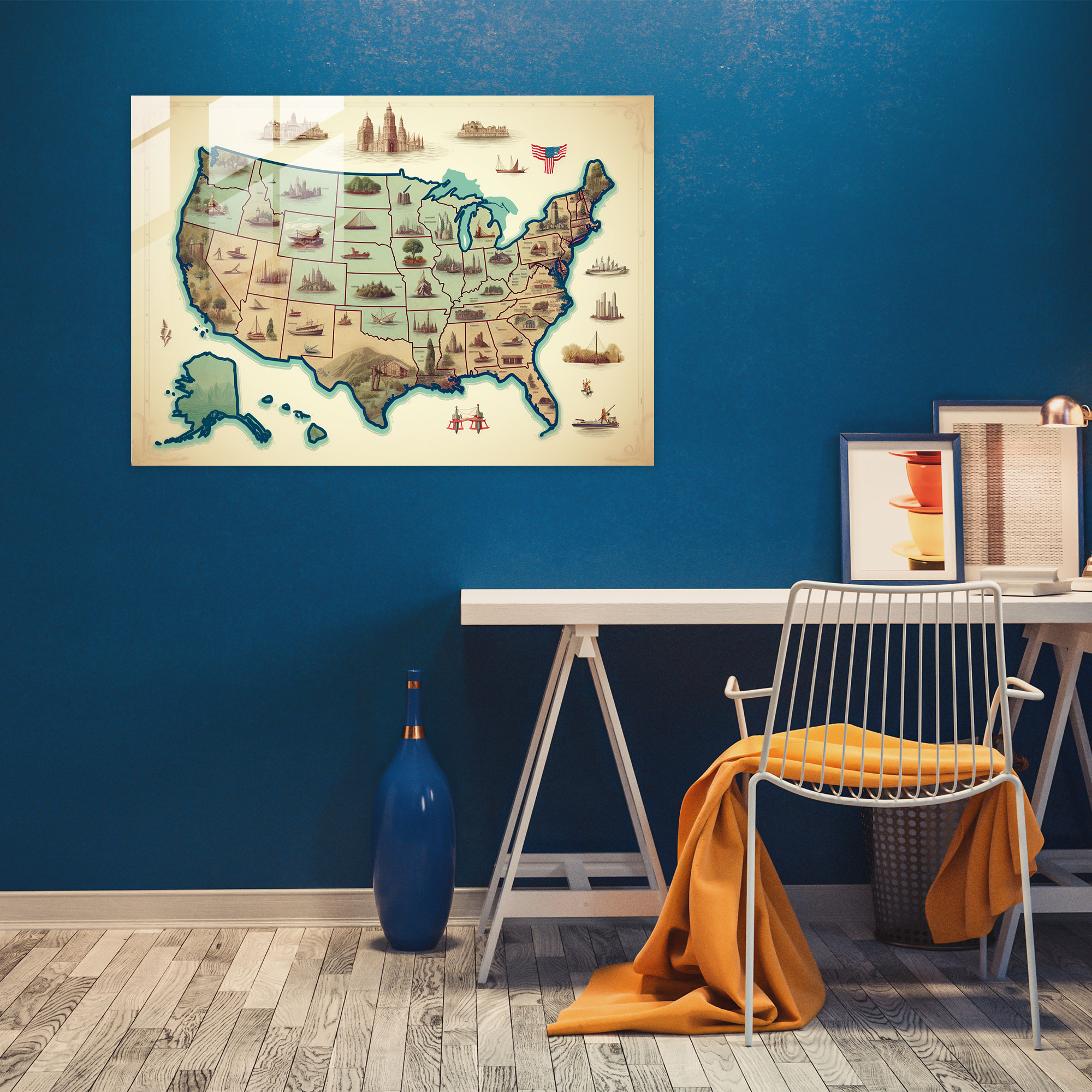 Vintage United States Of America Map Glass Print - United States Of America Map, Wall Decoration, Glass Wall Art, Home Decoration
