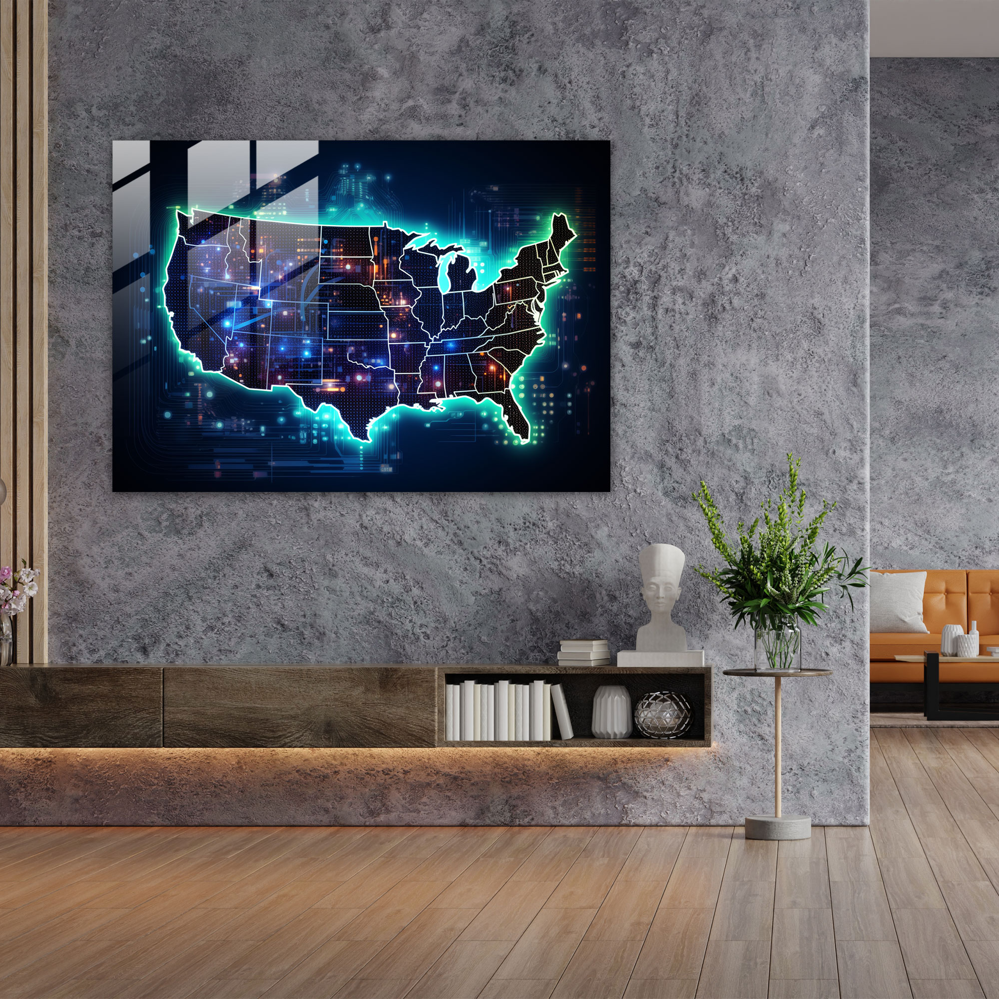 Gelecek Odaklı Amerika Birleşik Devletleri Haritası Cam Tablosu - Amerika Birleşik Devletleri Haritası Duvar Dekorasyonu Cam Sanatı Neon Renkler